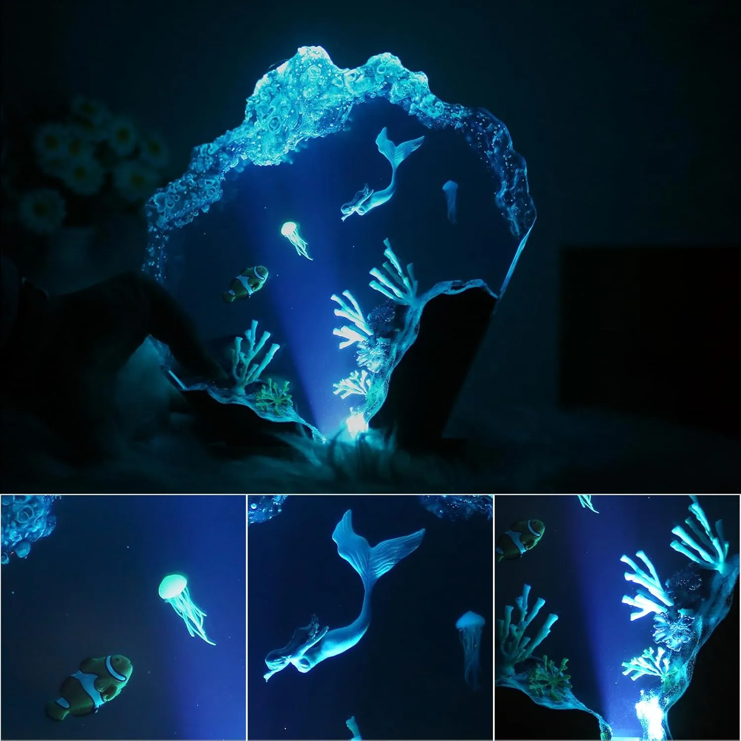 Mermaid Epoxy Resin Night Light, Simulated Ocean View, Personalized Handmade Wooden Lamp, Unique Home Decoration Light Suitable for Festivals