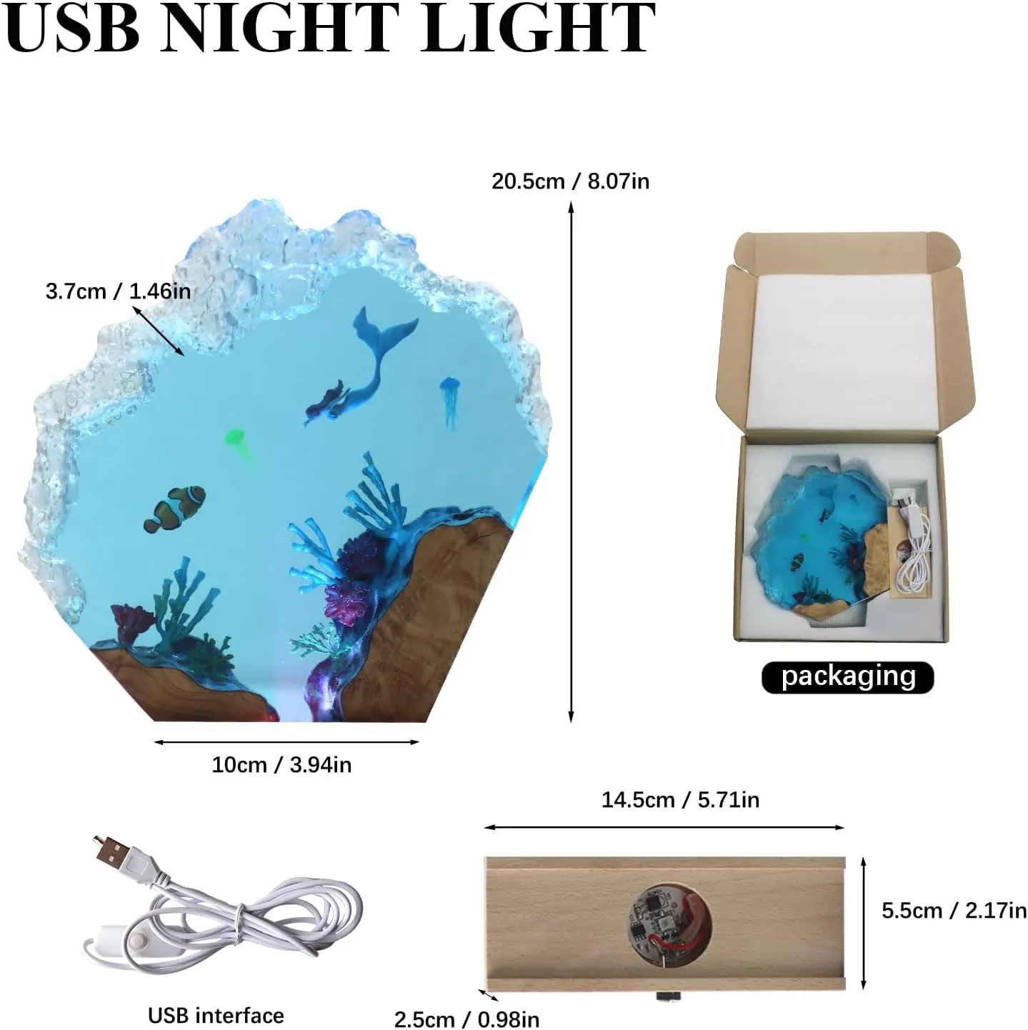 Mermaid Epoxy Resin Night Light, Simulated Ocean View, Personalized Handmade Wooden Lamp, Unique Home Decoration Light Suitable for Festivals