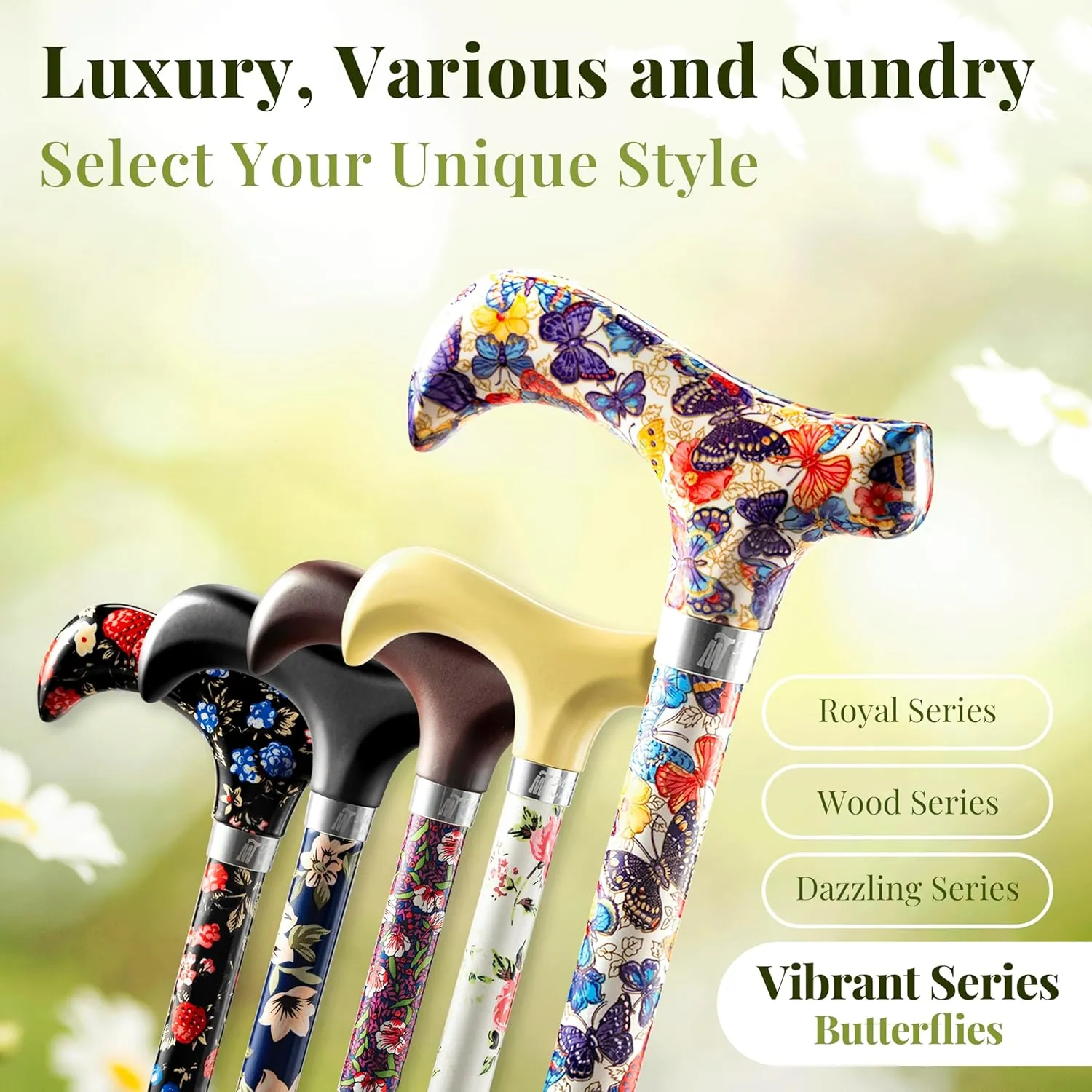 Merry Sticks Lightweight Foldable Walking Canes for Women and Men, Adjustable & Collapsible Walking Stick for Seniors, Balancing Mobility Aids, Ergonomic Handle & Wrist Strap - Butterflies