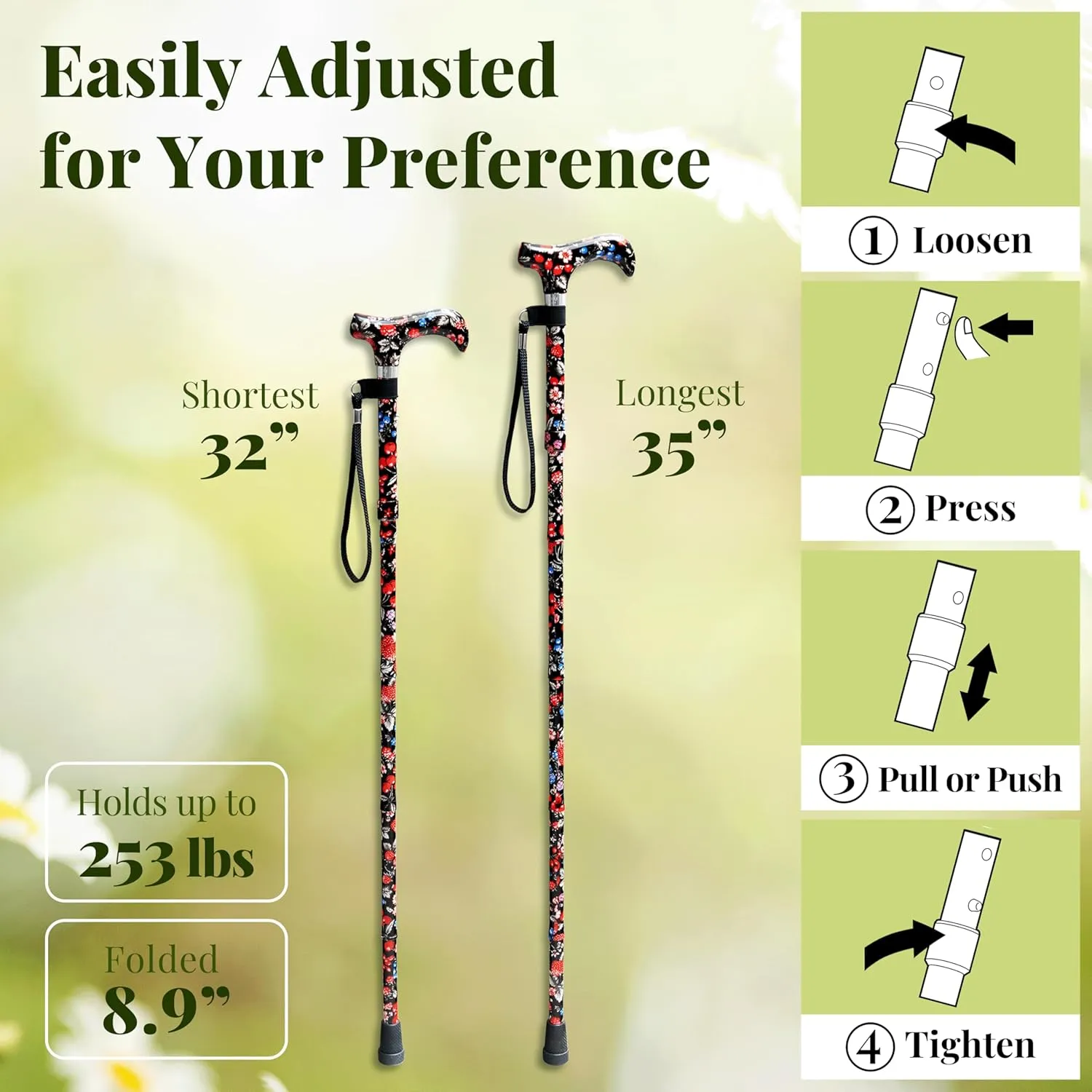Merry Sticks Lightweight Foldable Walking Canes for Women and Men, Adjustable & Collapsible Walking Stick for Seniors, Balancing Mobility Aids, Ergonomic Handle & Wrist Strap - Butterflies