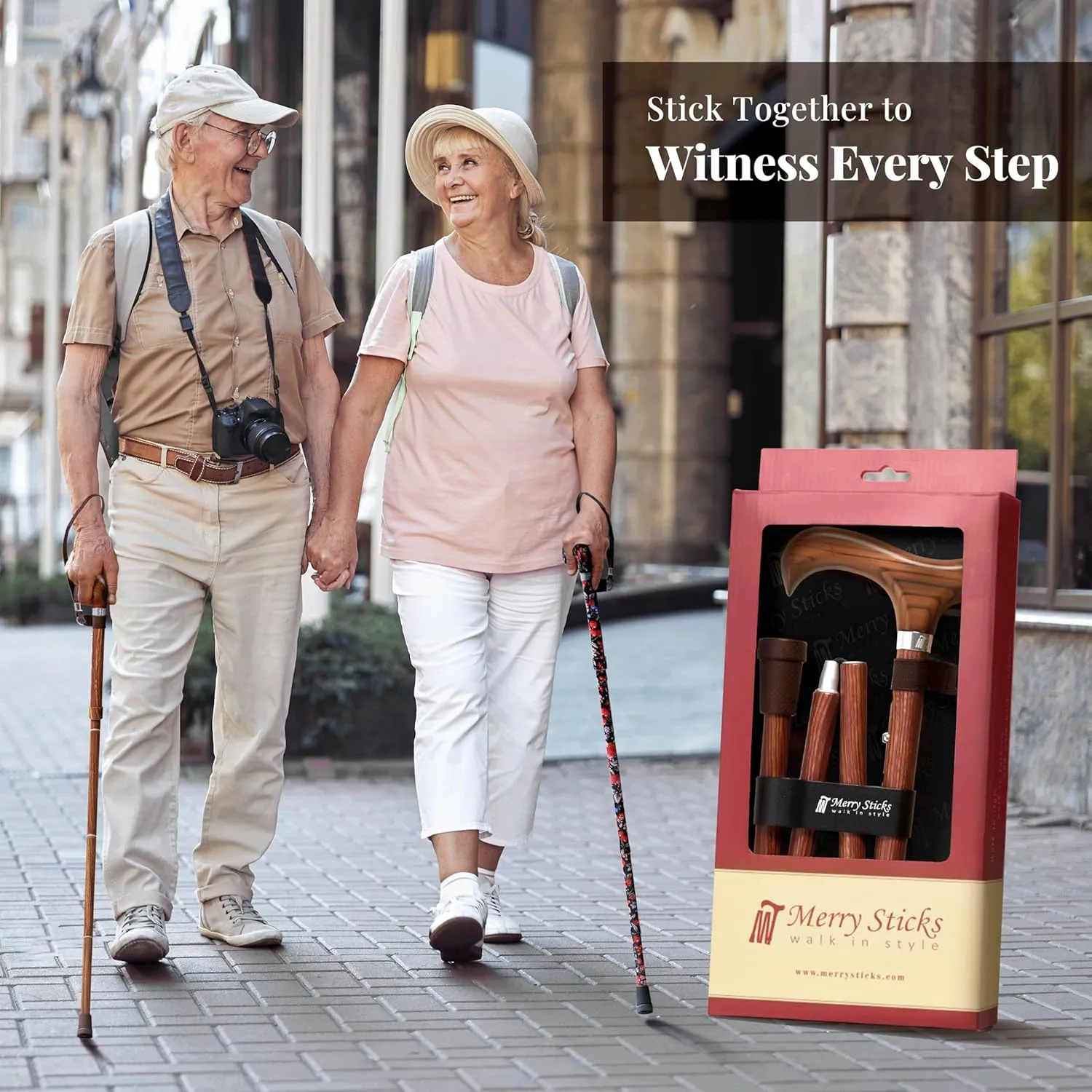 Merry Sticks Lightweight Foldable Walking Canes for Women and Men, Adjustable & Collapsible Walking Stick for Seniors, Balancing Mobility Aids, Ergonomic Handle & Wrist Strap - Sen Wood