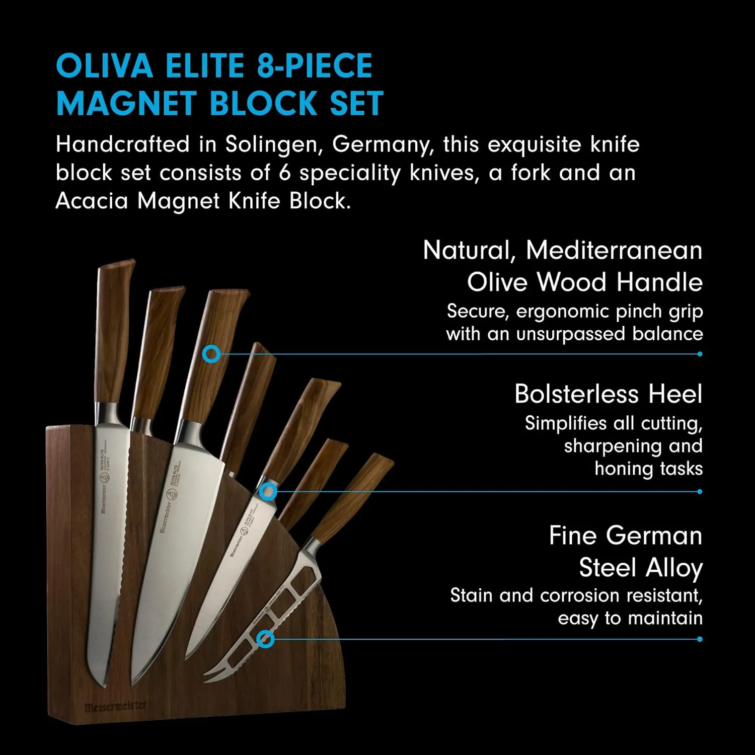 Messermeister Oliva Elite 8-Piece Magnet Block Set - Includes Chef’s, Bread, Carving, Fork, Cheese & Tomato, Utility & Paring Knife   Magnet Block