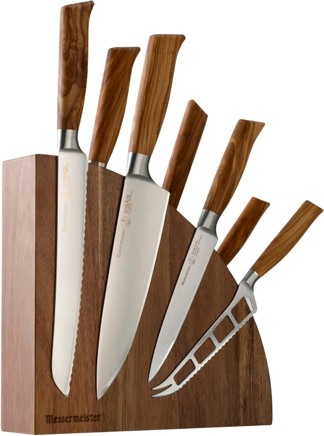 Messermeister Oliva Elite 8-Piece Magnet Block Set - Includes Chef’s, Bread, Carving, Fork, Cheese & Tomato, Utility & Paring Knife   Magnet Block