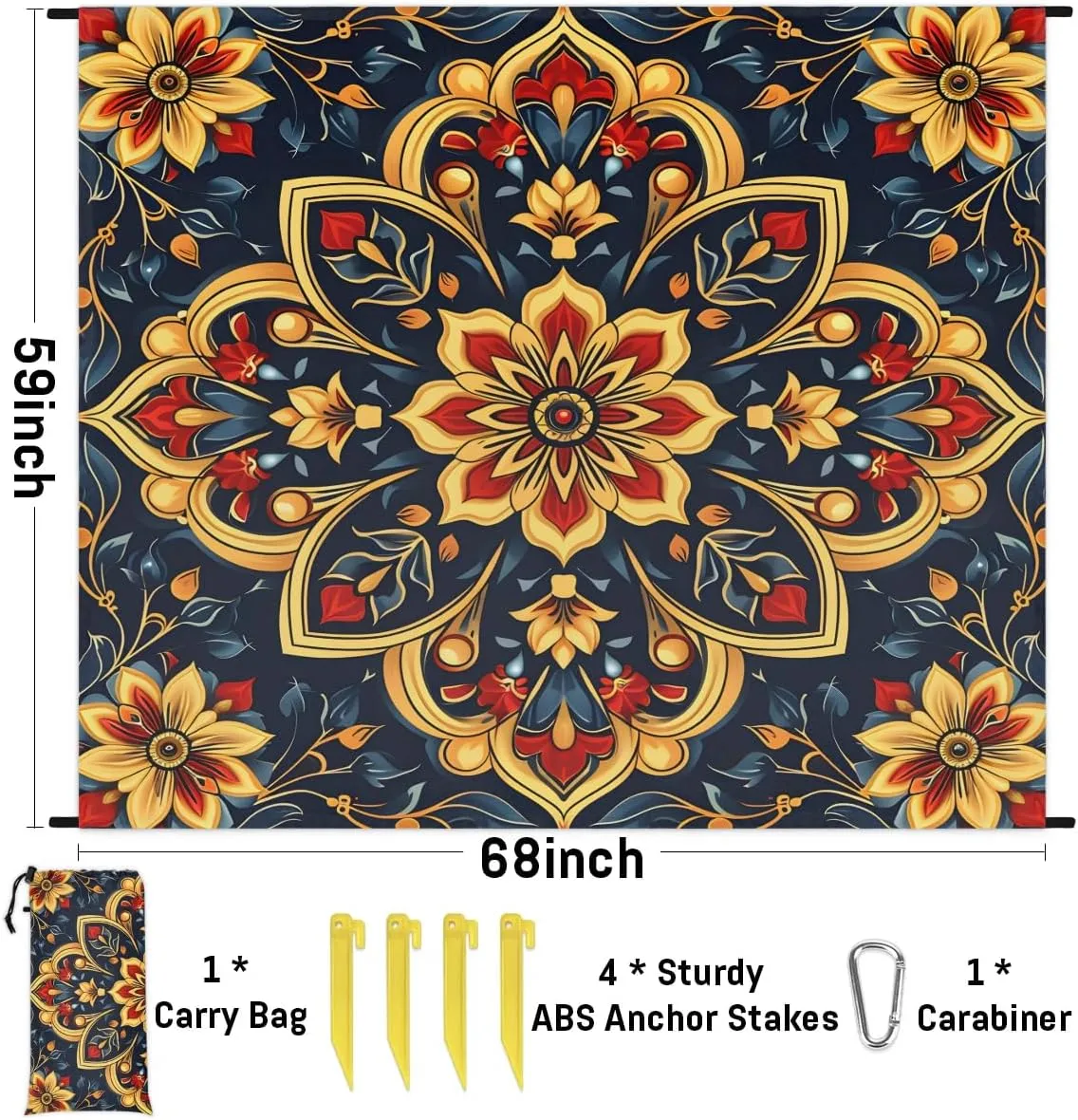 Mexican Floral Beach Blanket, Sandproof Beach Mat, 68 x 59 Waterproof Quick Drying Sand Free Mat with 4 x Ground Spikes for Outdoor Travel Camping Hiking, Ethnic Mexican