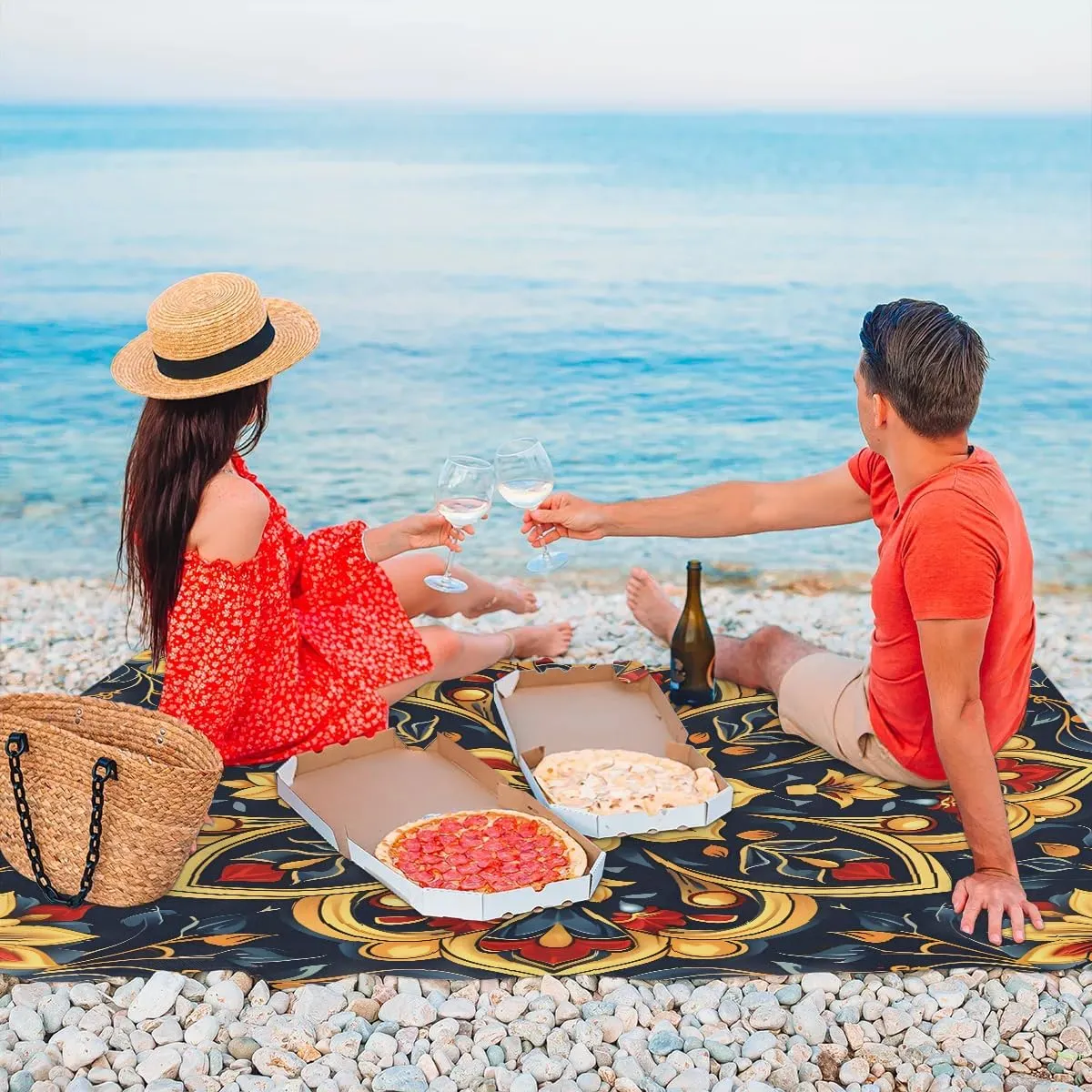 Mexican Floral Beach Blanket, Sandproof Beach Mat, 68 x 59 Waterproof Quick Drying Sand Free Mat with 4 x Ground Spikes for Outdoor Travel Camping Hiking, Ethnic Mexican