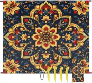 Mexican Floral Beach Blanket, Sandproof Beach Mat, 68 x 59 Waterproof Quick Drying Sand Free Mat with 4 x Ground Spikes for Outdoor Travel Camping Hiking, Ethnic Mexican