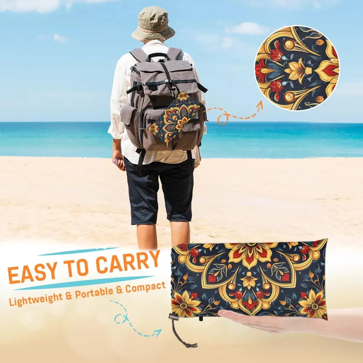 Mexican Floral Beach Blanket, Sandproof Beach Mat, 68 x 59 Waterproof Quick Drying Sand Free Mat with 4 x Ground Spikes for Outdoor Travel Camping Hiking, Ethnic Mexican
