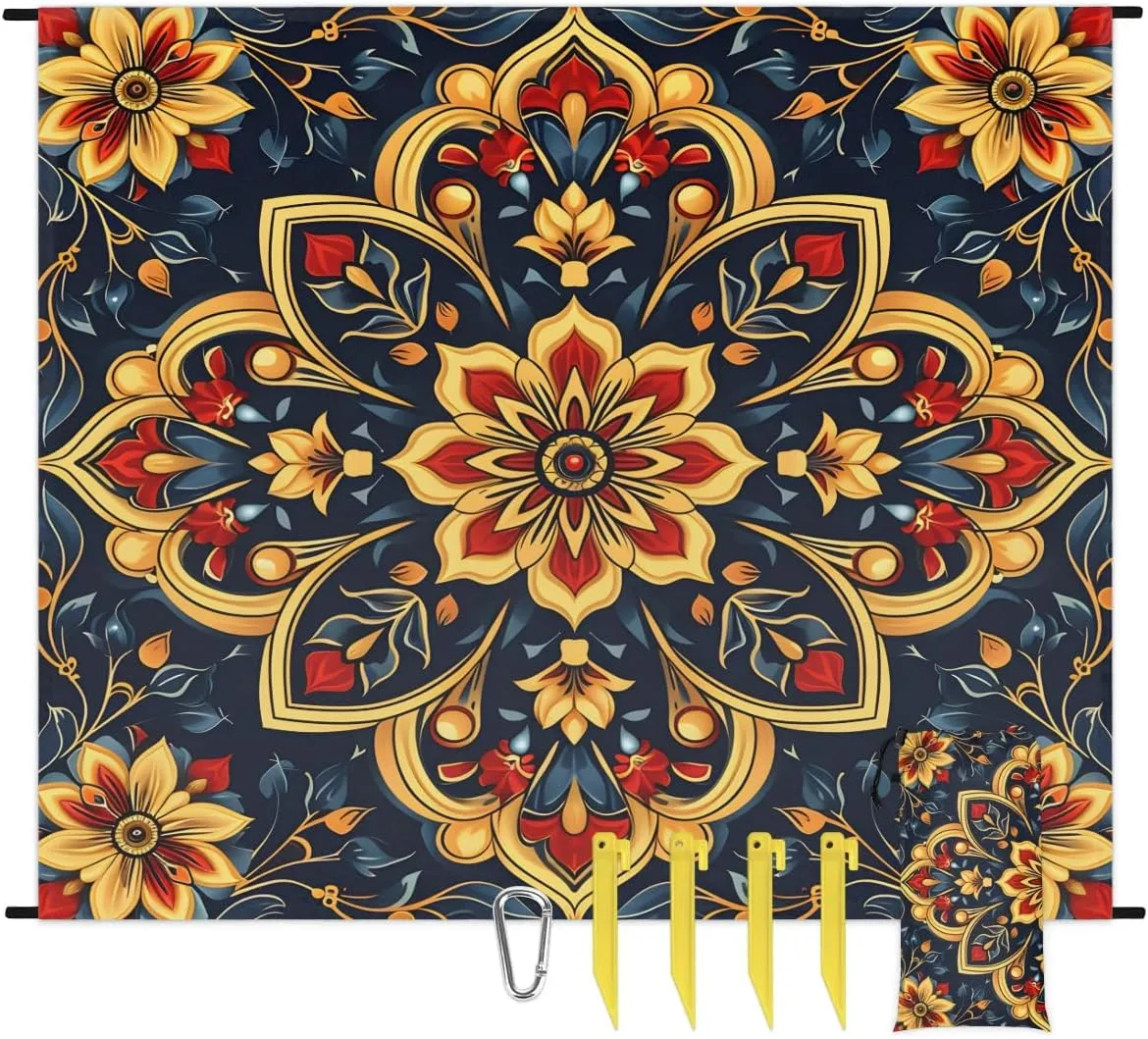 Mexican Floral Beach Blanket, Sandproof Beach Mat, 68 x 59 Waterproof Quick Drying Sand Free Mat with 4 x Ground Spikes for Outdoor Travel Camping Hiking, Ethnic Mexican