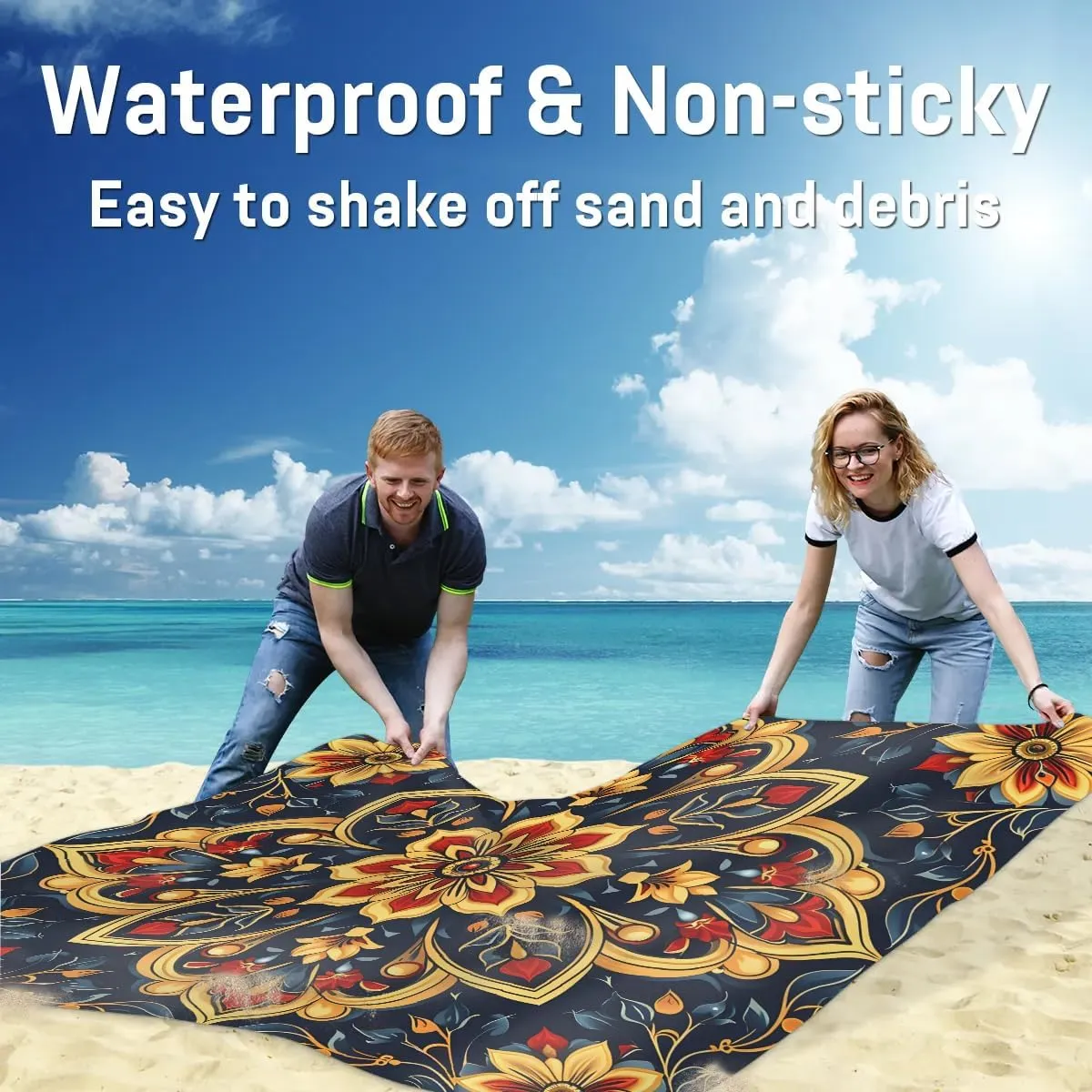 Mexican Floral Beach Blanket, Sandproof Beach Mat, 68 x 59 Waterproof Quick Drying Sand Free Mat with 4 x Ground Spikes for Outdoor Travel Camping Hiking, Ethnic Mexican
