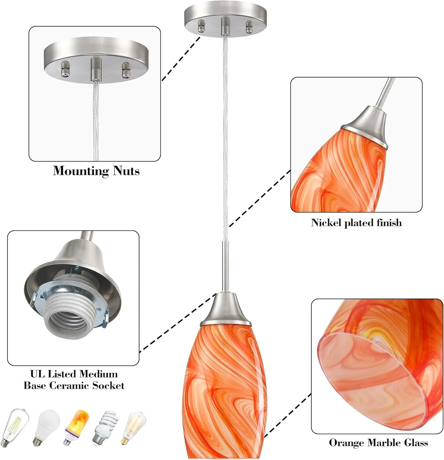 Mini Glass Pendant Light 3-Pack with Handblown Orange Marble Art Oval Glass Lamp Ceiling Hanging Light, for Dining Room,Kitchen,Foyer,Hallway