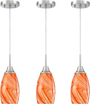 Mini Glass Pendant Light 3-Pack with Handblown Orange Marble Art Oval Glass Lamp Ceiling Hanging Light, for Dining Room,Kitchen,Foyer,Hallway
