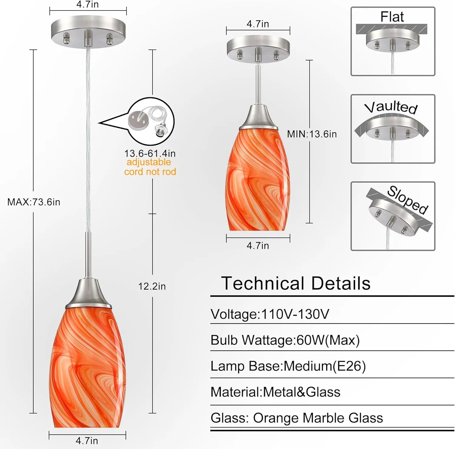Mini Glass Pendant Light 3-Pack with Handblown Orange Marble Art Oval Glass Lamp Ceiling Hanging Light, for Dining Room,Kitchen,Foyer,Hallway