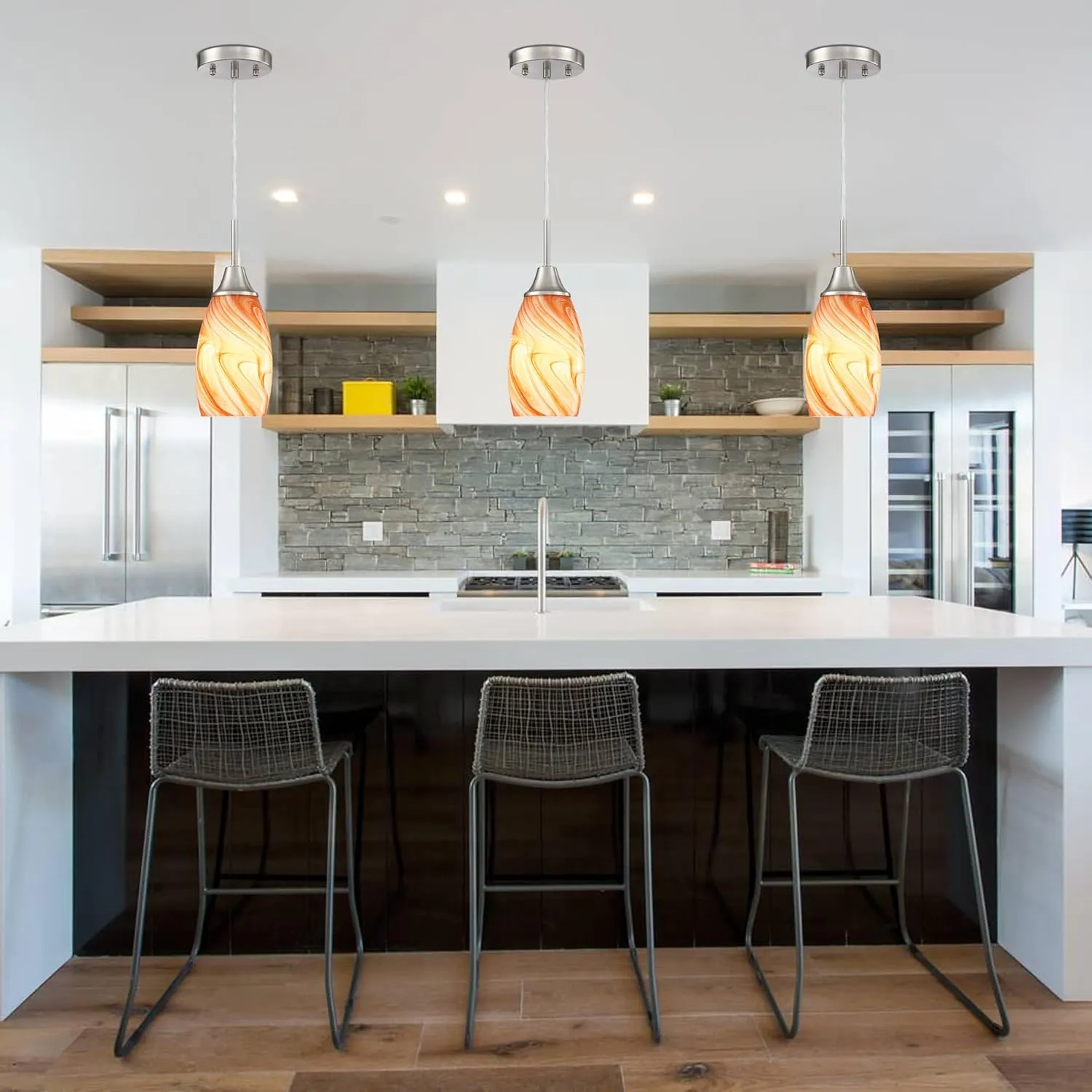 Mini Glass Pendant Light 3-Pack with Handblown Orange Marble Art Oval Glass Lamp Ceiling Hanging Light, for Dining Room,Kitchen,Foyer,Hallway