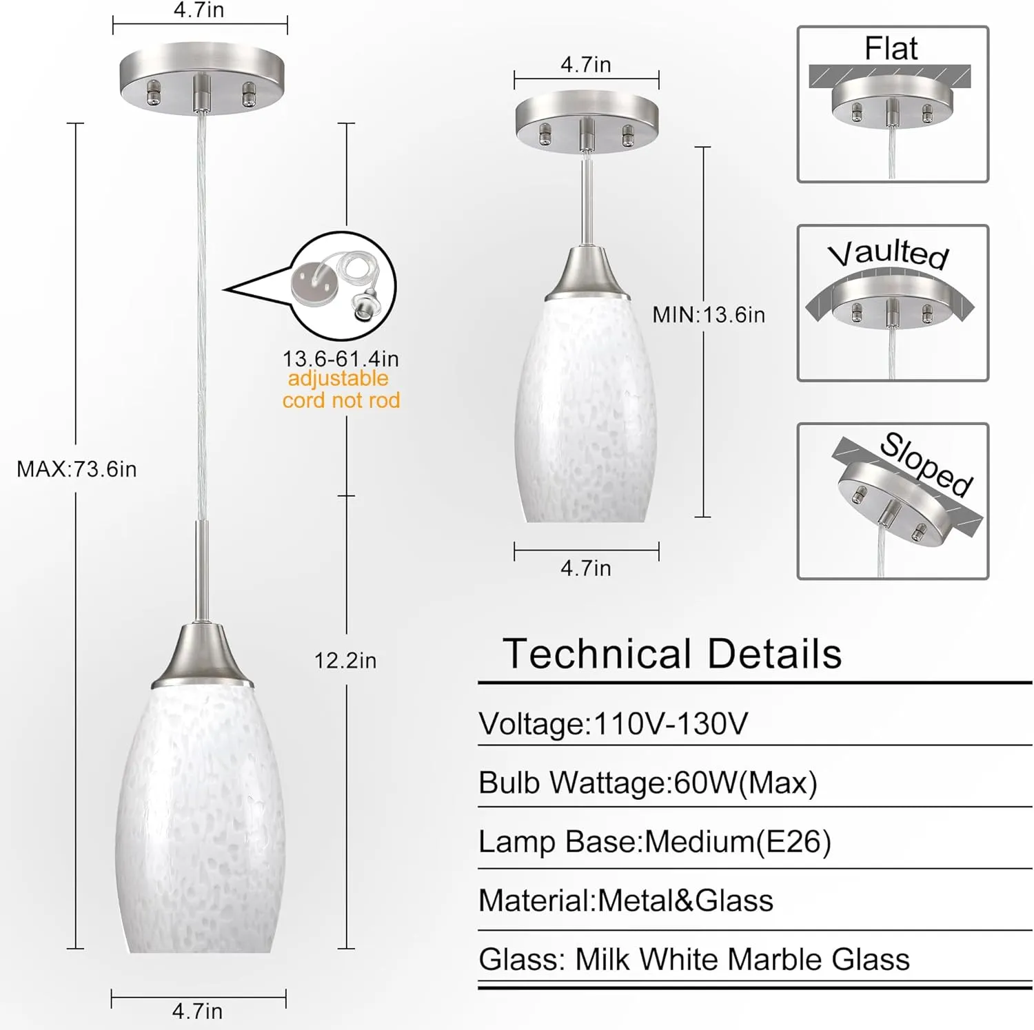 Mini Glass Pendant Lights 3-Pack with Handblown Milk Creamy Art Glass Pendant Lamp Shade 4.72" with Adjustable Cord Hanging Pendant Light Fixtures for Kitchen Island,Dining Room,Foyer,Hallway