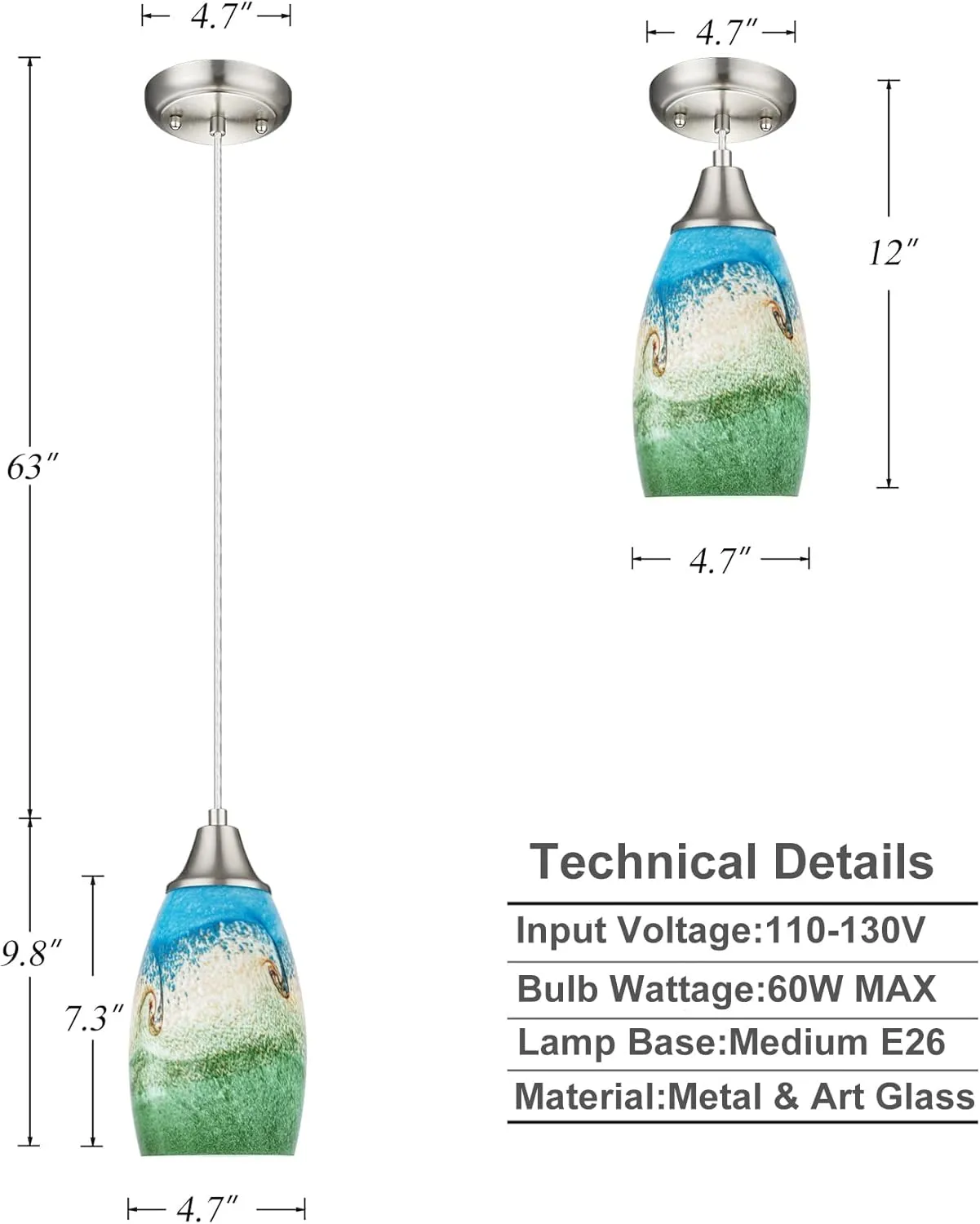 Mini Glass Pendant Lights,Blown Art Glass Pendant Hanging Light Fixtures Kitchen Island Pendant Lamp Shade with Brushed Nickel Finish for Bar Counter,Hallway,Dining Room Multi color-1P