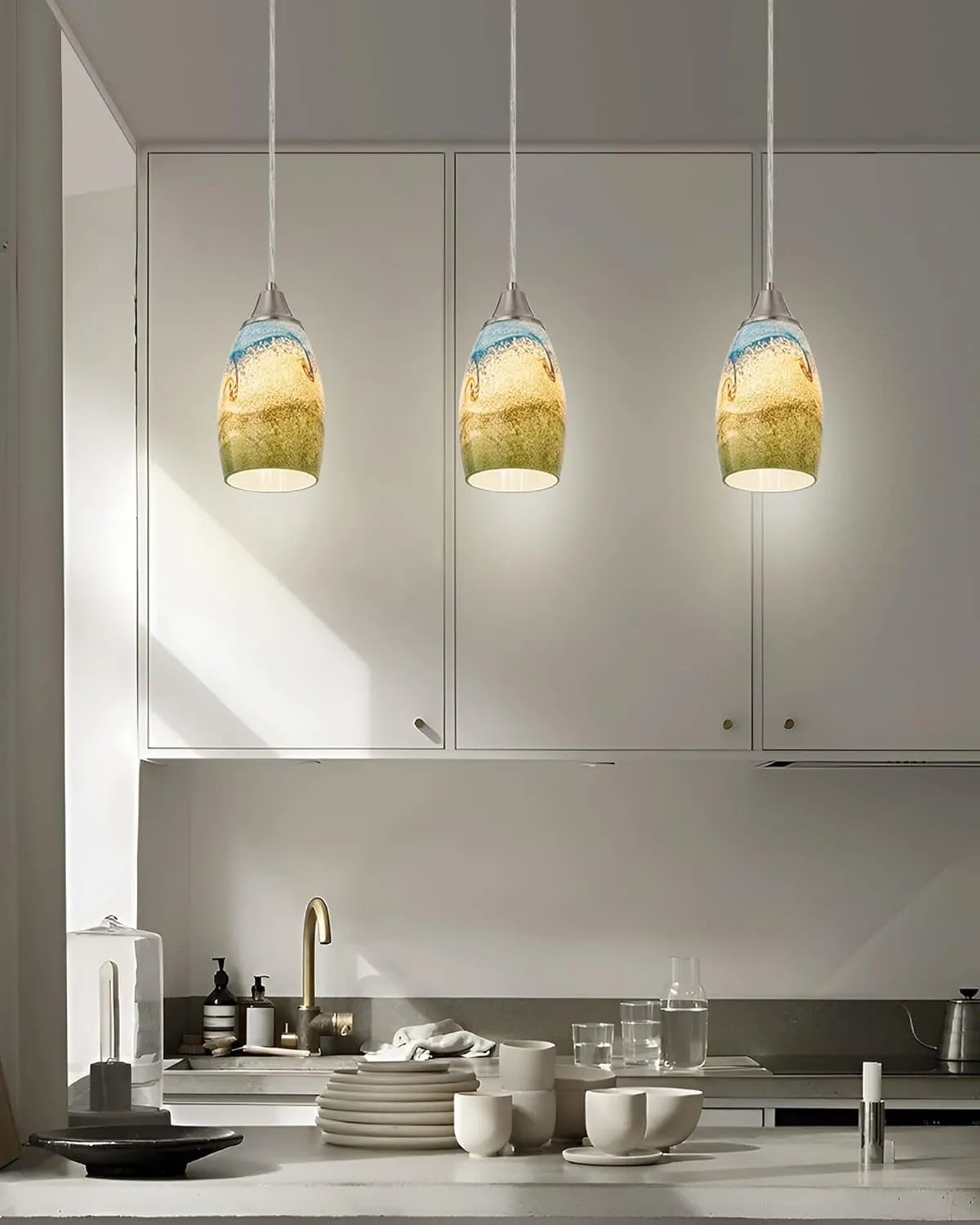 Mini Glass Pendant Lights,Blown Art Glass Pendant Hanging Light Fixtures Kitchen Island Pendant Lamp Shade with Brushed Nickel Finish for Bar Counter,Hallway,Dining Room Multi color-1P