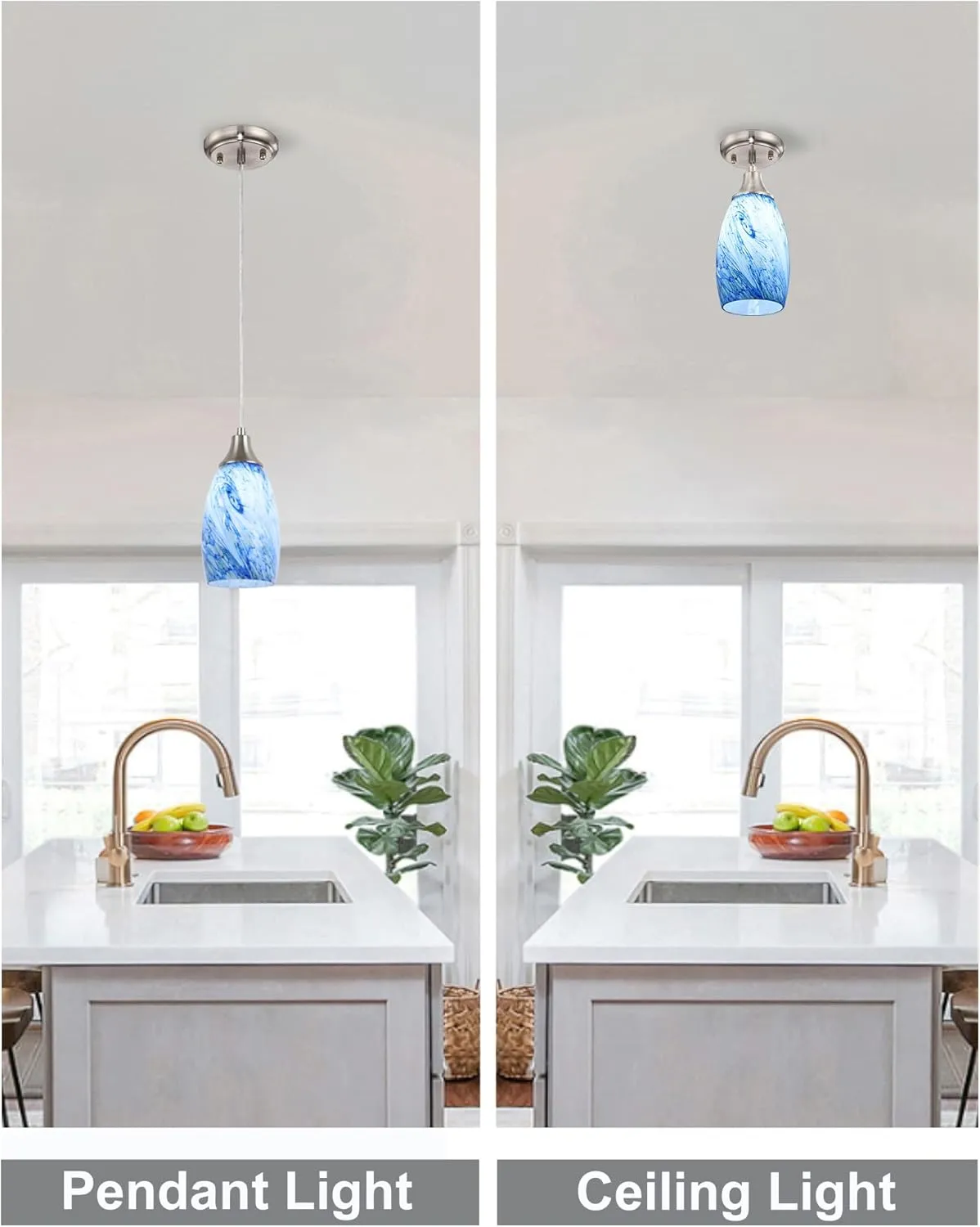 Mini Pendant Lights Kitchen Island White Blue Glass Lamp Shade Hand Blown Glass Pendant Light with Brush Nickel Finish Adjustable Cord for Kitchen Over Sink Hallway,Dining Room,Stairs Way