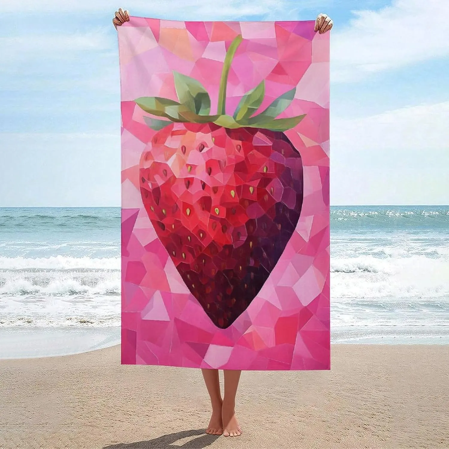 Minimalist Strawberry on Pink Beach Towel Sand Free Microfiber Large Shower Towels Multipurpose Absorbent for Bathroom Pool 52x32 Inch