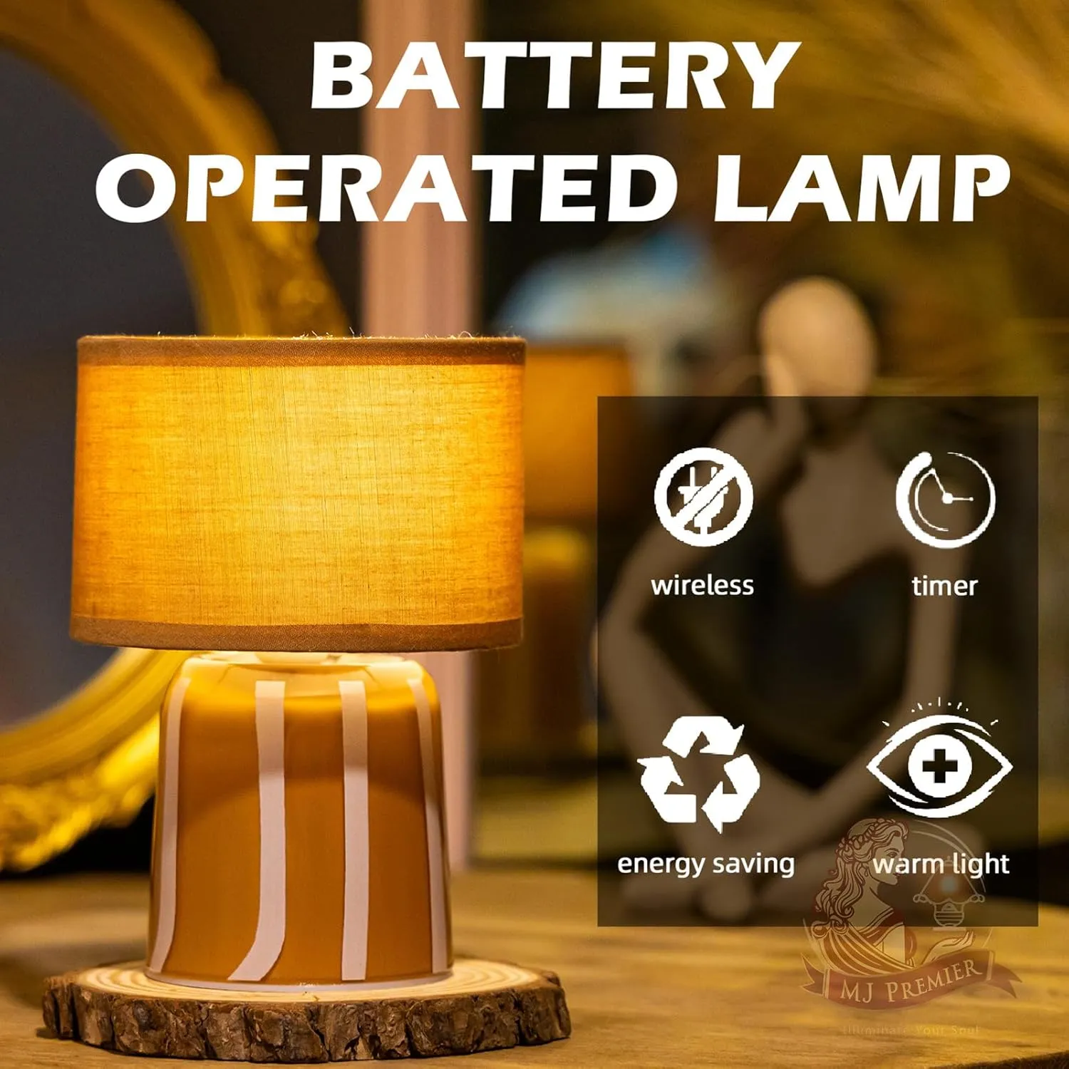 MJ PREMIER Battery Operated Lamp with Timer, Small Cordless Lamp with Glass Base, Fabric Shade Portable Table Lamp for Bedroom Living Room Bedside Home Decor (Brown)