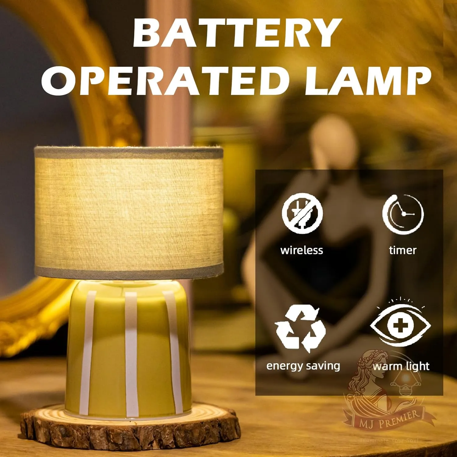 MJ PREMIER Battery Operated Lamp with Timer, Small Cordless Lamp with Glass Base, Fabric Shade Portable Table Lamp for Bedroom Living Room Bedside Home Decor (Green)
