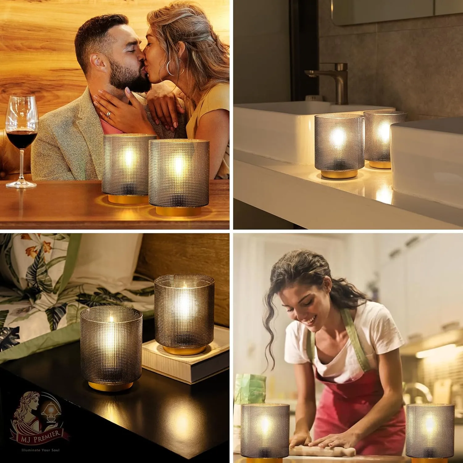 MJ PREMIER Battery Operated Lamp with Timer, Small Cordless Table Lamp for Bedroom, Glass Battery Powered Accent Lamps for Living Room Bedside Nightstand Home Decor Set of 2 (Grey)