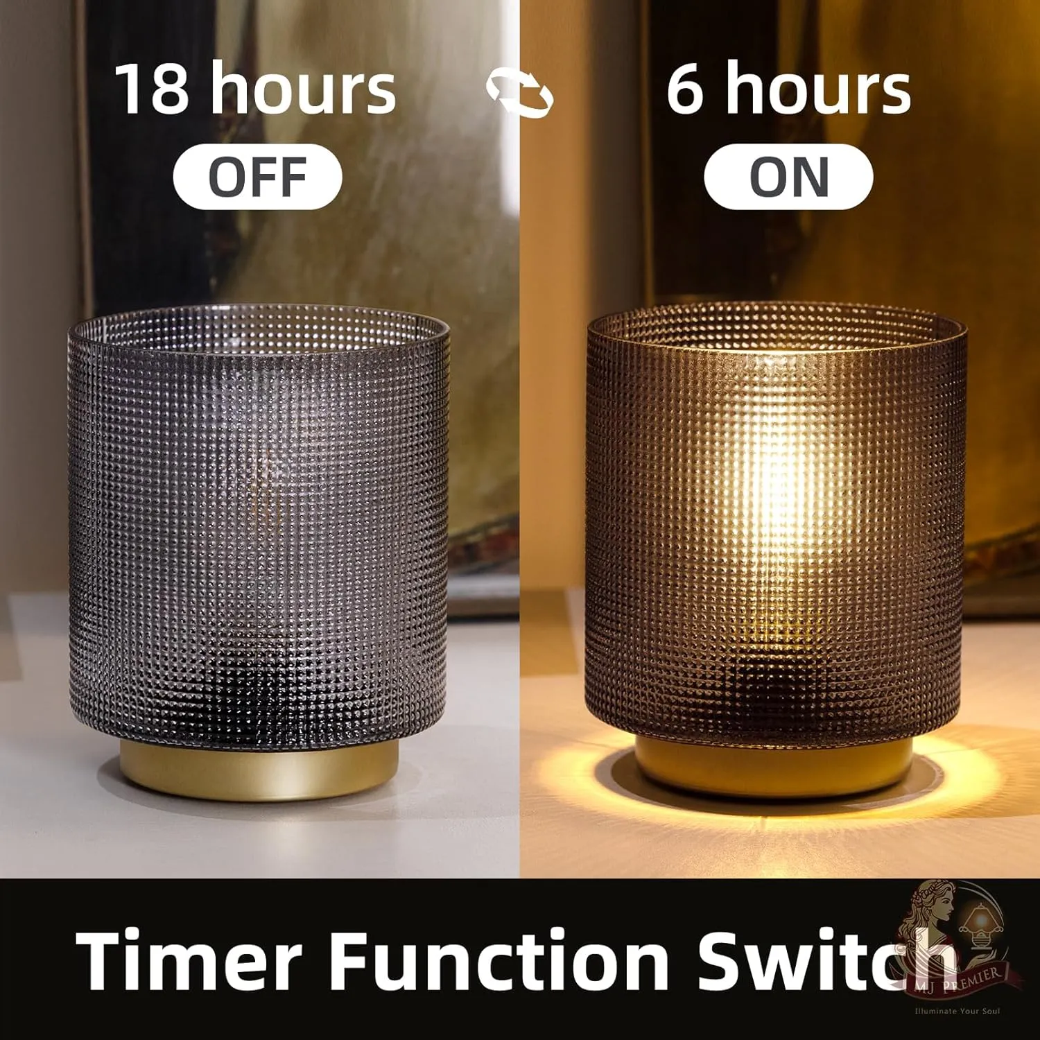 MJ PREMIER Battery Operated Lamp with Timer, Small Cordless Table Lamp for Bedroom, Glass Battery Powered Accent Lamps for Living Room Bedside Nightstand Home Decor Set of 2 (Grey)