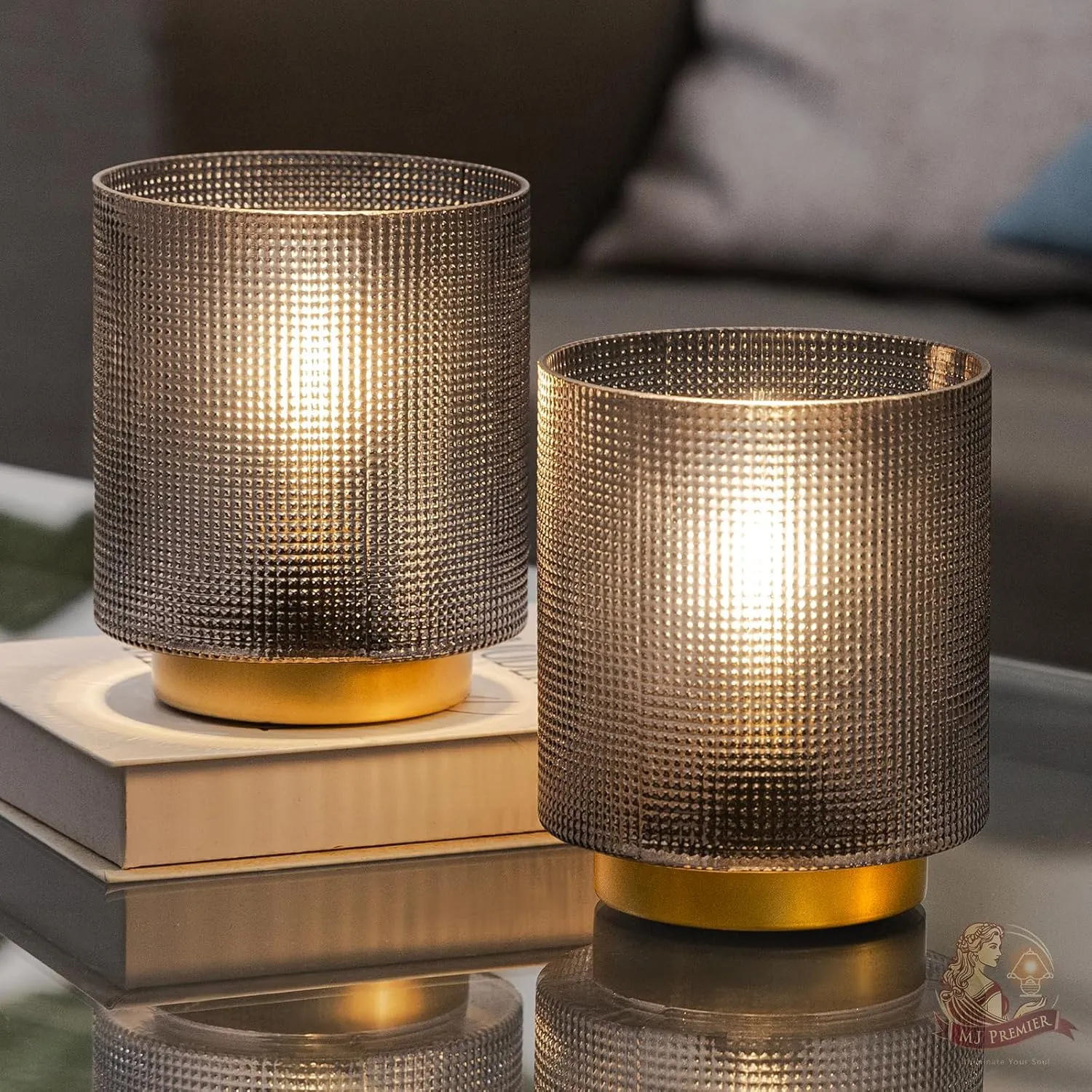 MJ PREMIER Battery Operated Lamp with Timer, Small Cordless Table Lamp for Bedroom, Glass Battery Powered Accent Lamps for Living Room Bedside Nightstand Home Decor Set of 2 (Grey)