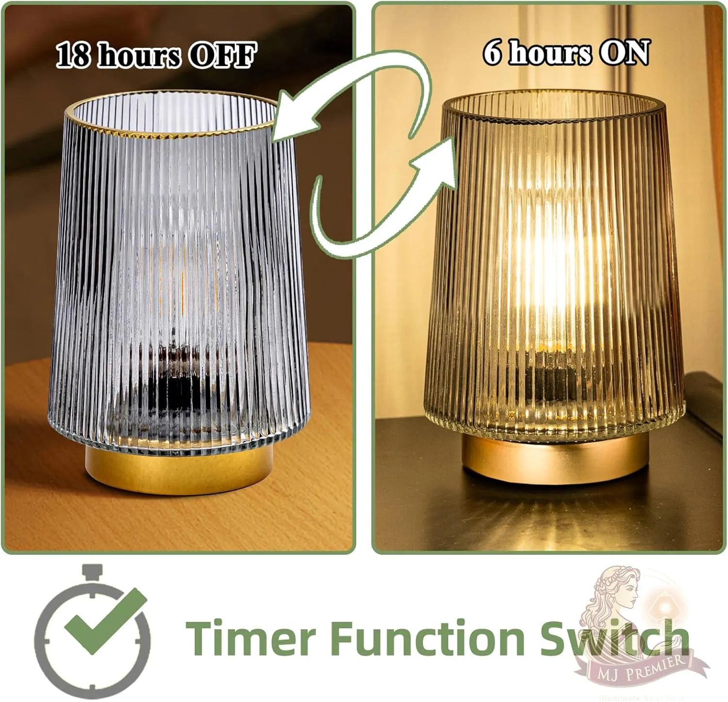 MJ PREMIER Battery Operated Lamps with Timer Cordless Table Lamp LED Battery Powered Small Lamps Glass Lamp for Home Decor Entryway, Bedroom, Bathroom(Grey)