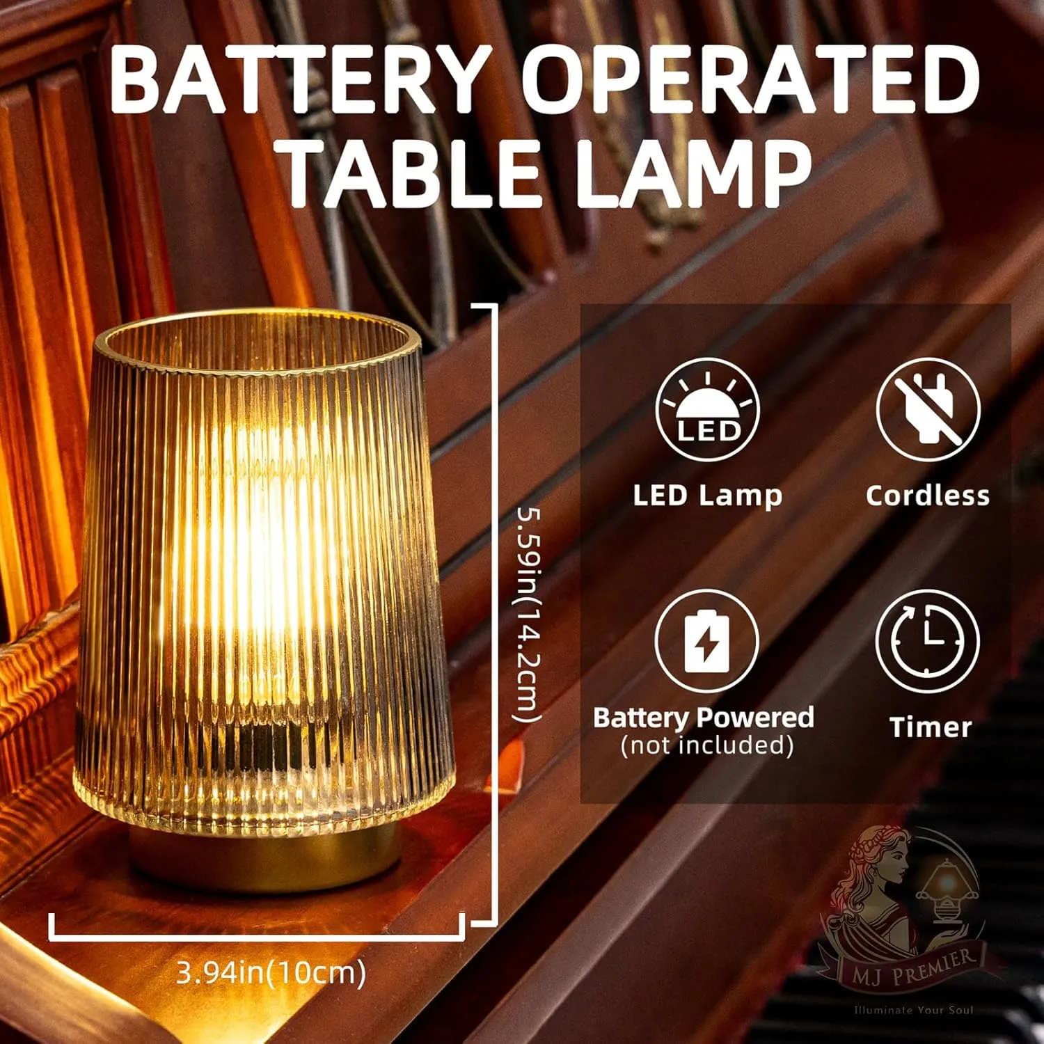 MJ PREMIER Battery Operated Lamps with Timer Cordless Table Lamp LED Battery Powered Small Lamps Glass Lamp for Home Decor Entryway, Bedroom, Bathroom(Grey)