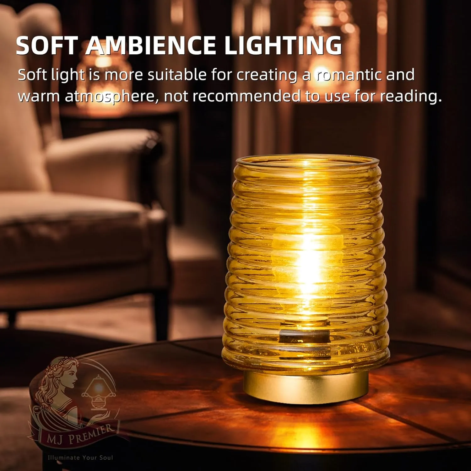 MJ PREMIER Cordless Lamps with Timer Battery Operated Lamp Glass Table Lamp Portable Battery Powered Beside Touch Lamp for Home Bedroom Kitchen Dining Bathroom Yellow