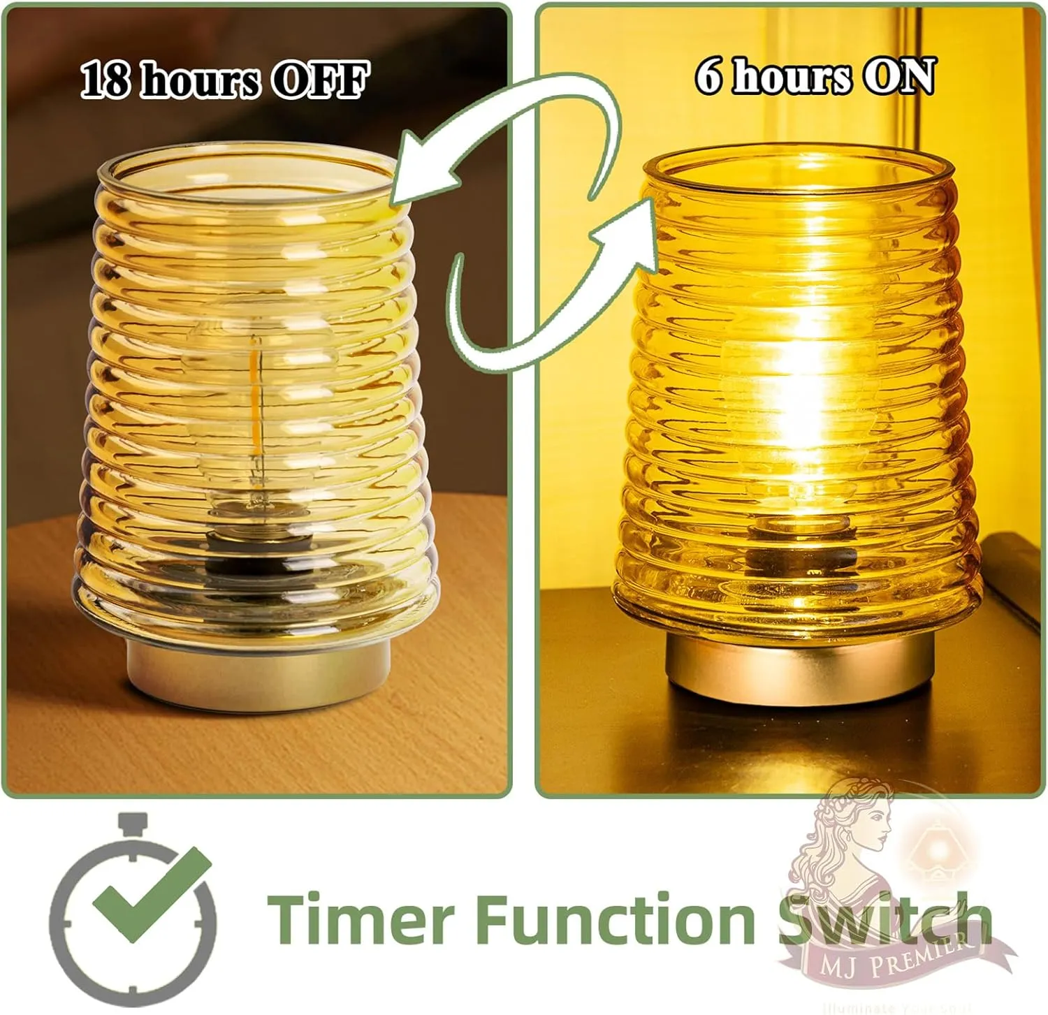 MJ PREMIER Cordless Lamps with Timer Battery Operated Lamp Glass Table Lamp Portable Battery Powered Beside Touch Lamp for Home Bedroom Kitchen Dining Bathroom Yellow