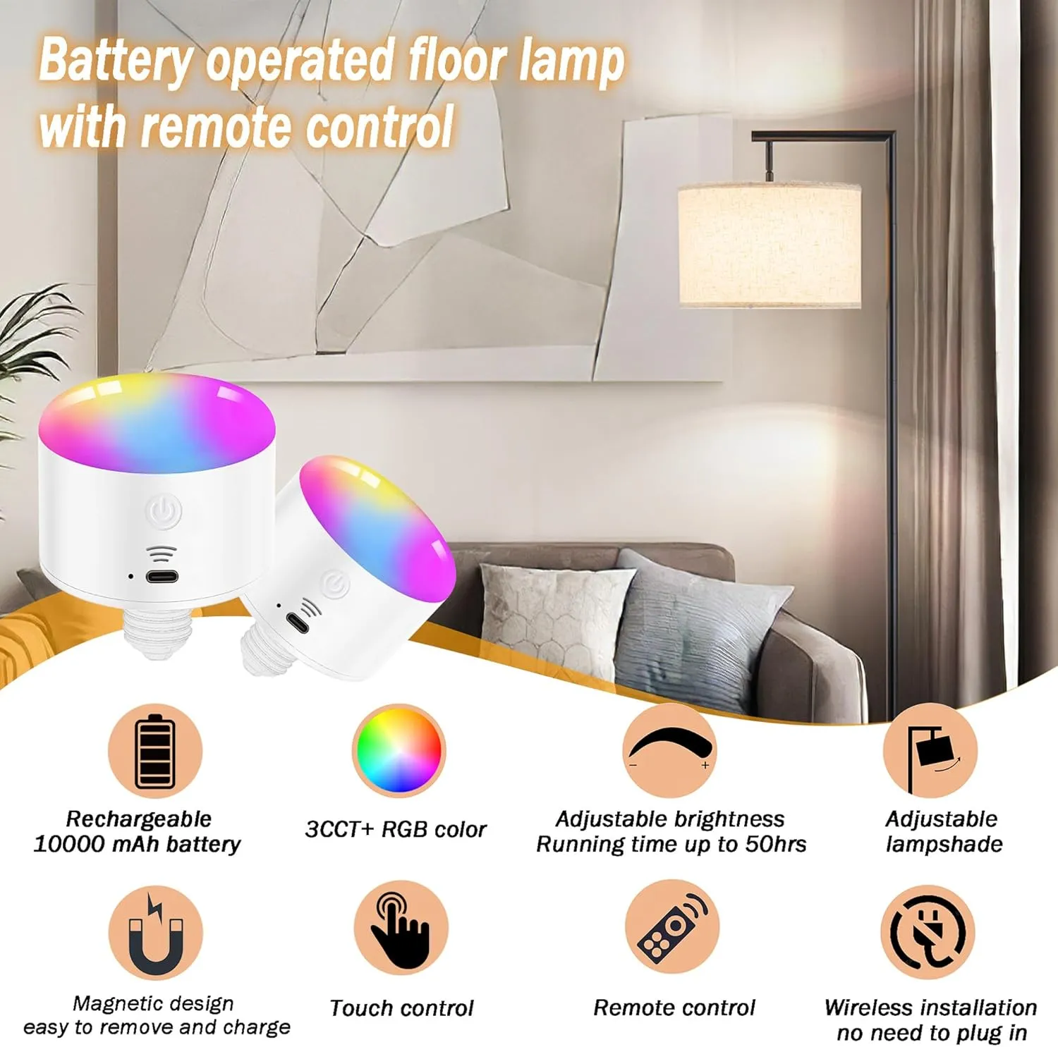 Modern Battery Operated Floor Lamp Cordless for Living Room, 10000mAh RGB Dimmable Lamp with Remote Control Lighting time up to 50 hrs, Tall Standing Floor Lamp for Bedroom, 2 Bulb