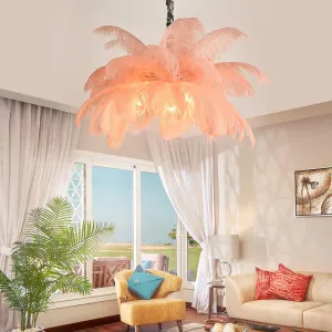 Modern Feather Chandelier for Bedroom, Pink Feather Ceiling Light Fixture with Ostrich Hair Lampshade, Pendant Lights for Living Room, Hotel, Corridor, Foyer