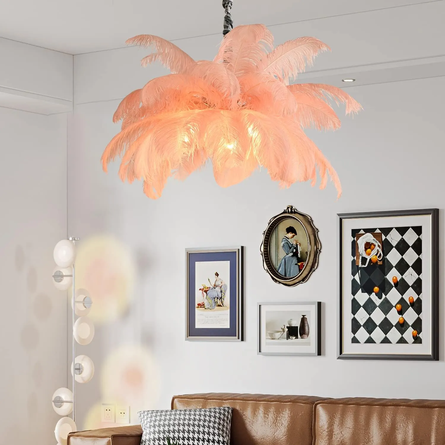 Modern Feather Chandelier for Bedroom, Pink Feather Ceiling Light Fixture with Ostrich Hair Lampshade, Pendant Lights for Living Room, Hotel, Corridor, Foyer