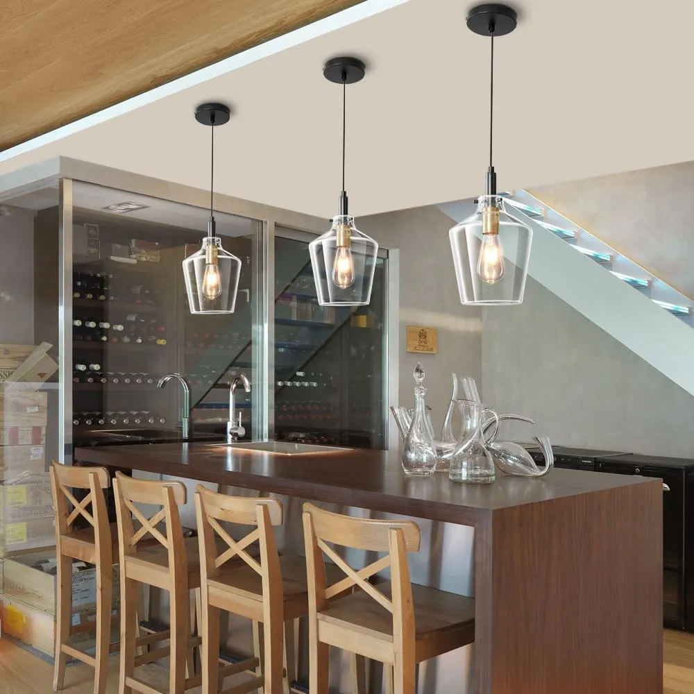 Modern Glass Pendant Lighting for Kitchen Island, Farmhouse Black and Gold Pendant Light Fixtures 1 Pack, Adjustable Hanging Ceiling Light Angled Clear Glass Shades 8 Inch