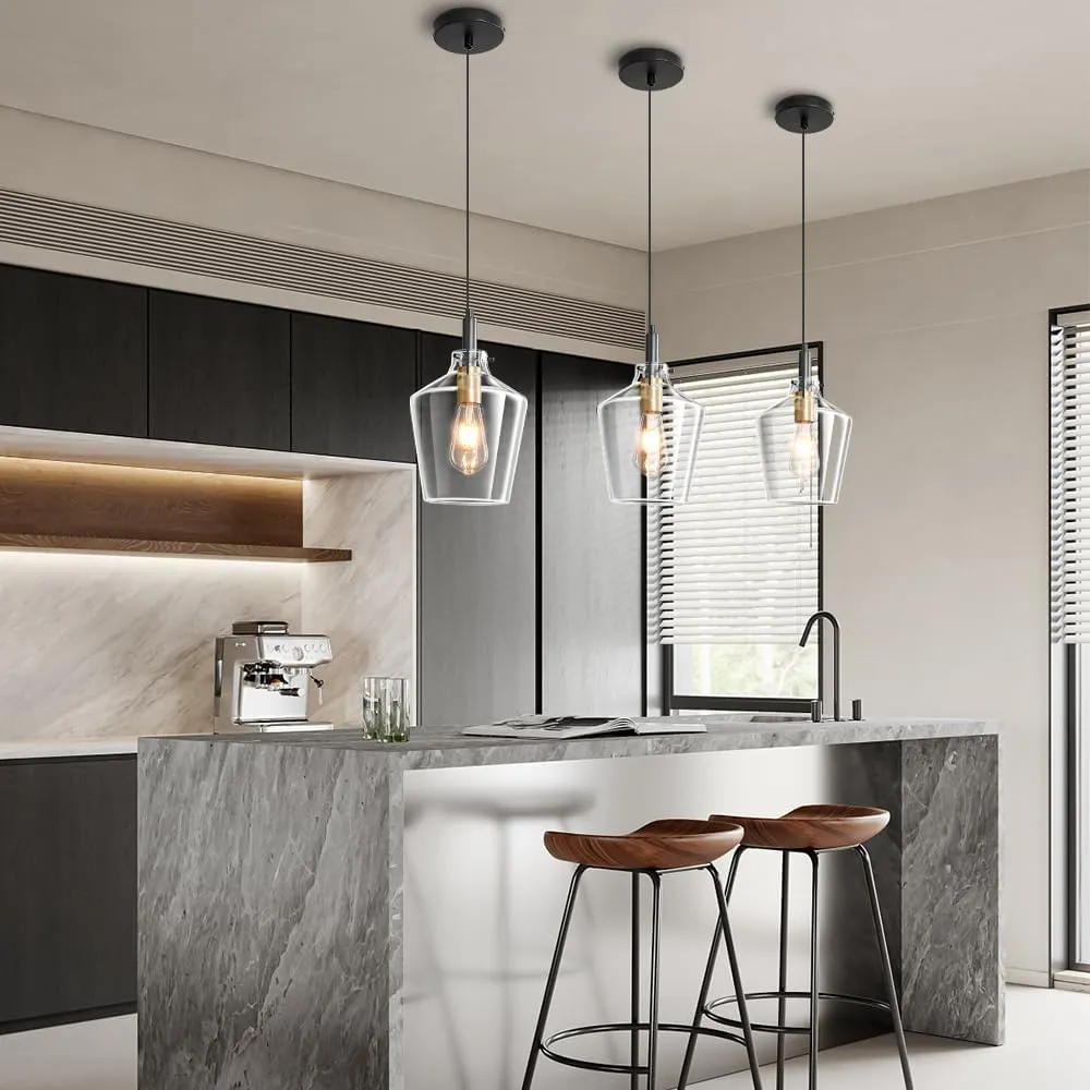 Modern Glass Pendant Lighting for Kitchen Island, Farmhouse Black and Gold Pendant Light Fixtures 1 Pack, Adjustable Hanging Ceiling Light Angled Clear Glass Shades 8 Inch