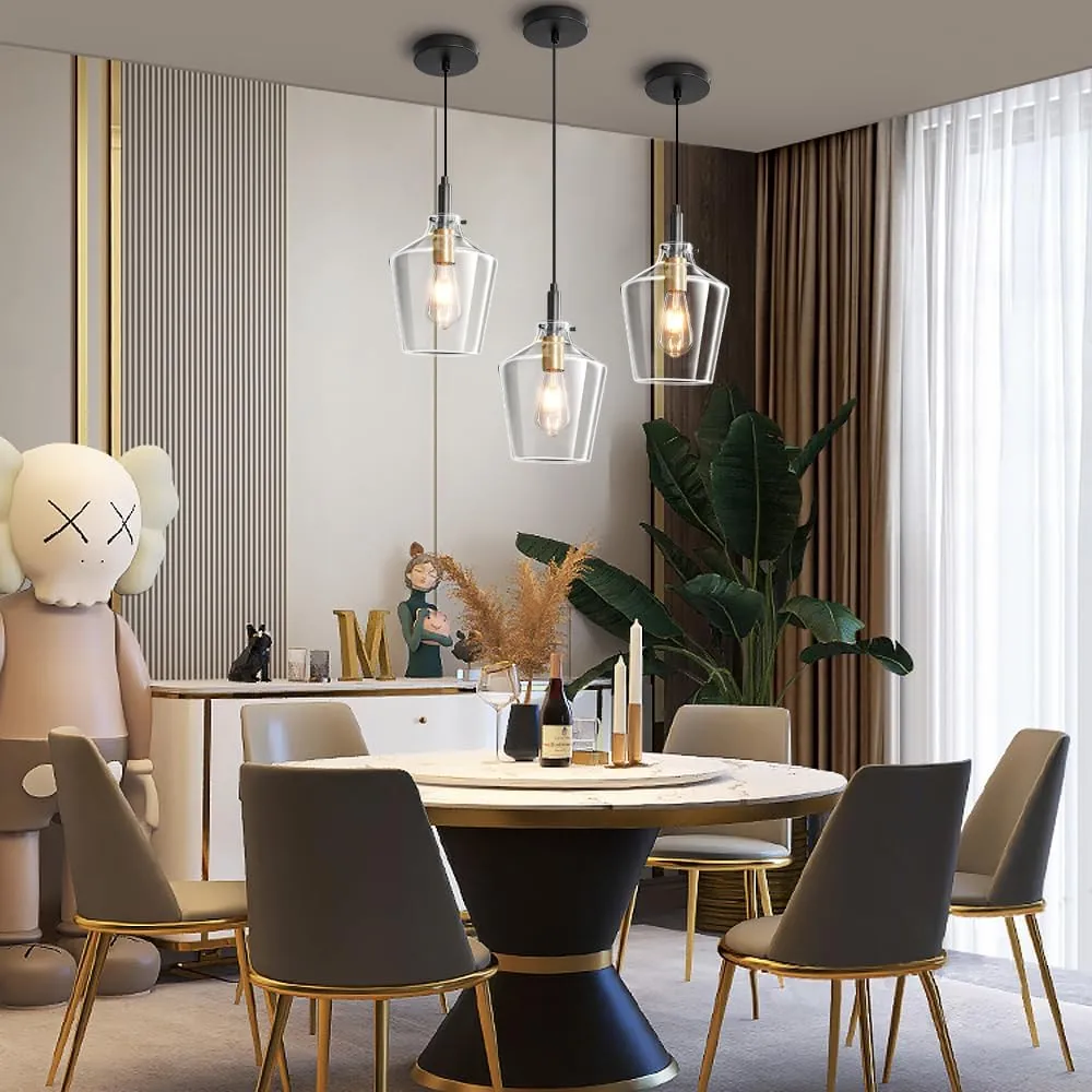 Modern Glass Pendant Lighting for Kitchen Island, Farmhouse Black and Gold Pendant Light Fixtures 1 Pack, Adjustable Hanging Ceiling Light Angled Clear Glass Shades 8 Inch