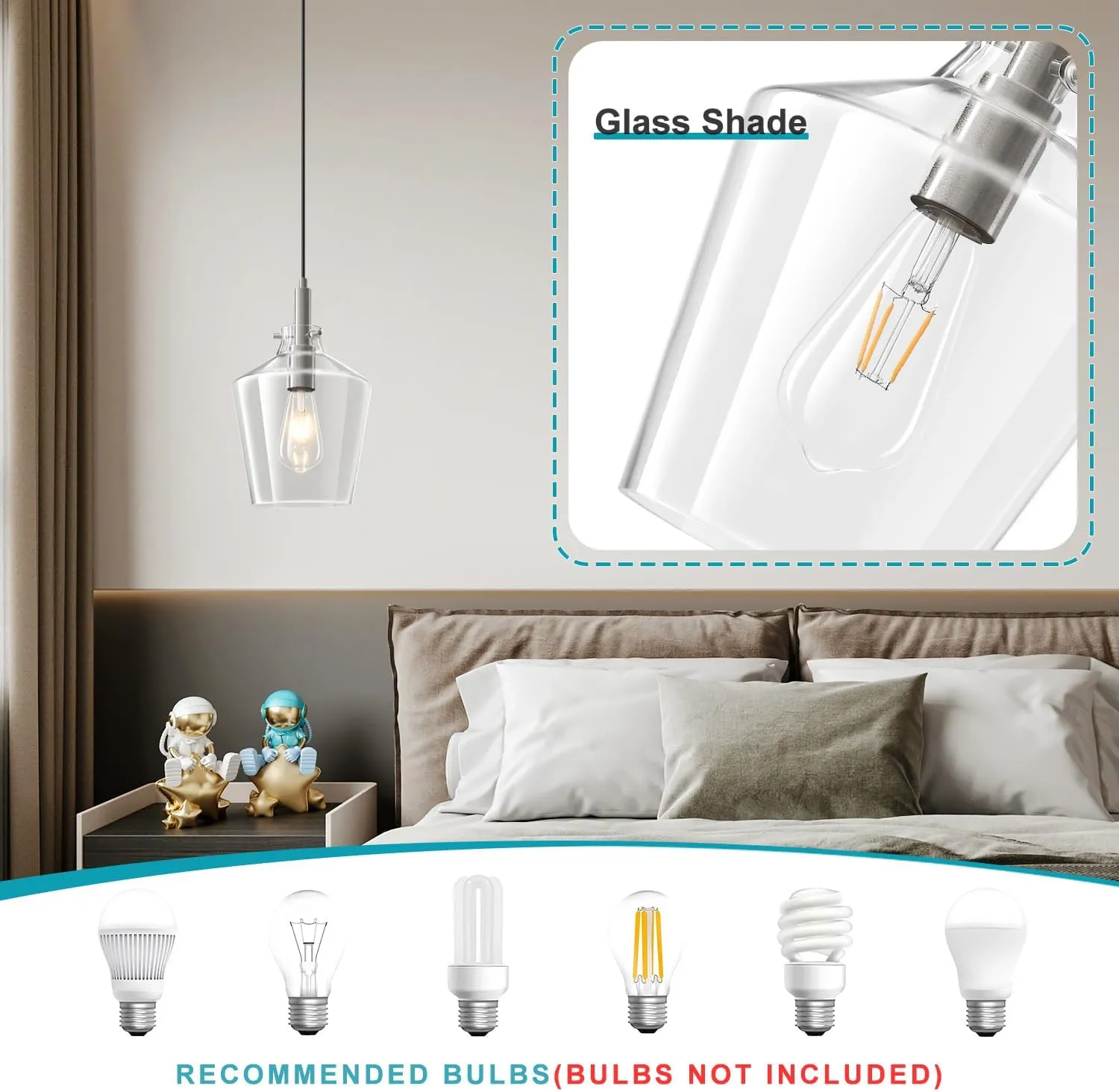 Modern Glass Pendant Lighting for Kitchen Island, Farmhouse Nickel Pendant Light Fixtures 1 Pack, Adjustable Hanging Ceiling Light Angled Clear Glass Shades 8 Inch