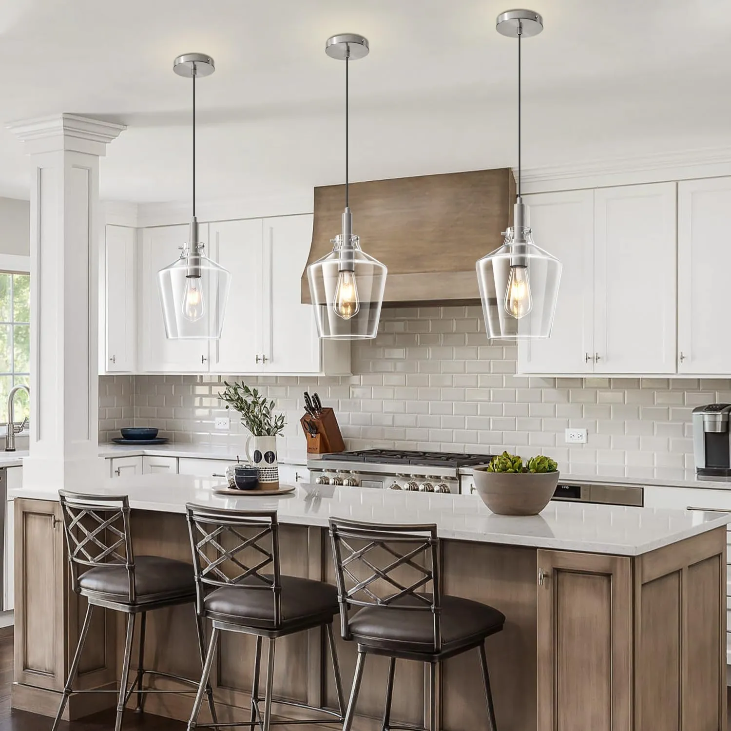 Modern Glass Pendant Lighting for Kitchen Island, Farmhouse Nickel Pendant Light Fixtures 1 Pack, Adjustable Hanging Ceiling Light Angled Clear Glass Shades 8 Inch