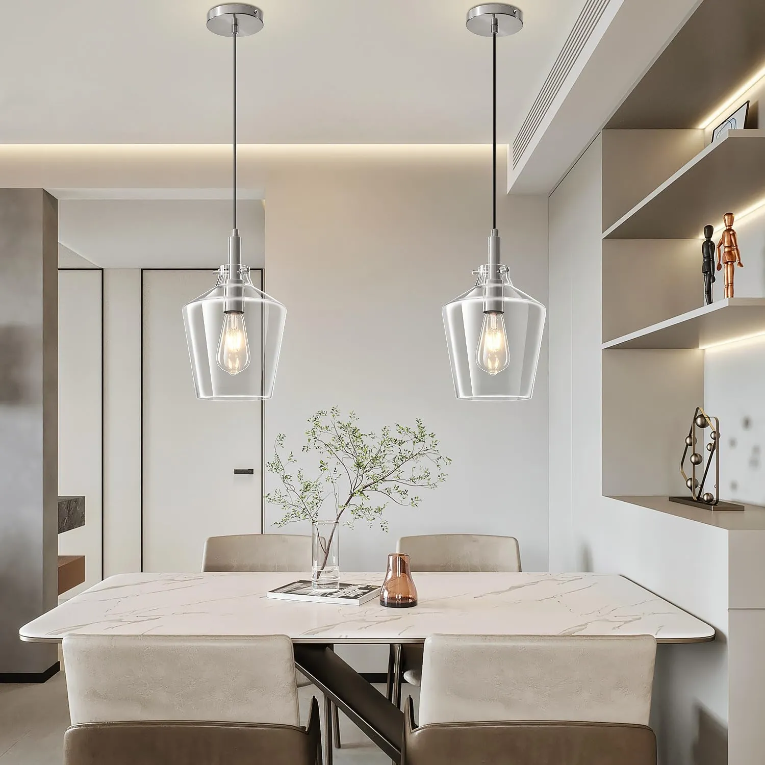 Modern Glass Pendant Lighting for Kitchen Island, Farmhouse Nickel Pendant Light Fixtures 1 Pack, Adjustable Hanging Ceiling Light Angled Clear Glass Shades 8 Inch
