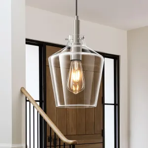 Modern Glass Pendant Lighting for Kitchen Island, Farmhouse Nickel Pendant Light Fixtures 1 Pack, Adjustable Hanging Ceiling Light Angled Clear Glass Shades 8 Inch