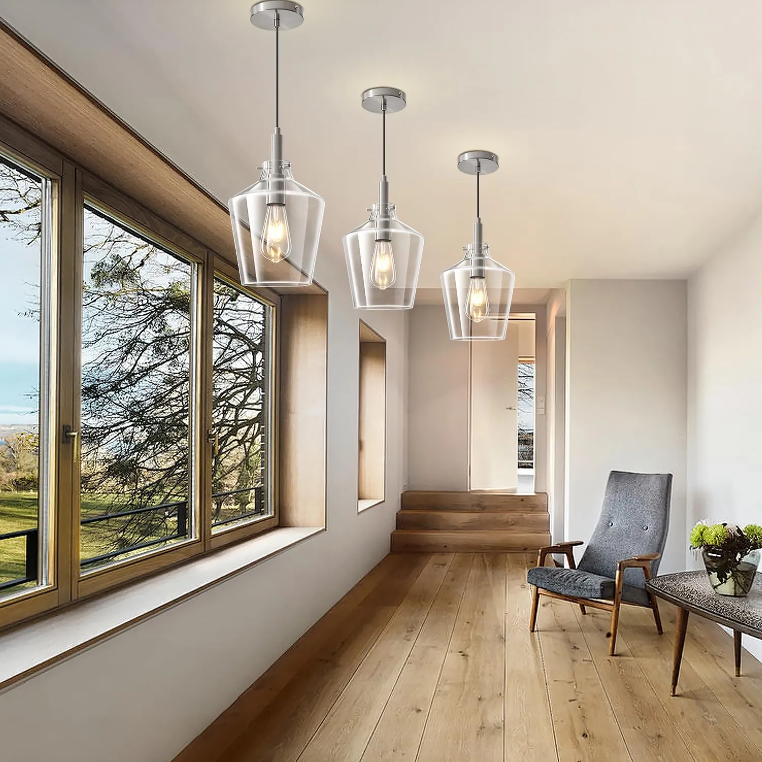 Modern Glass Pendant Lighting for Kitchen Island, Farmhouse Nickel Pendant Light Fixtures 1 Pack, Adjustable Hanging Ceiling Light Angled Clear Glass Shades 8 Inch
