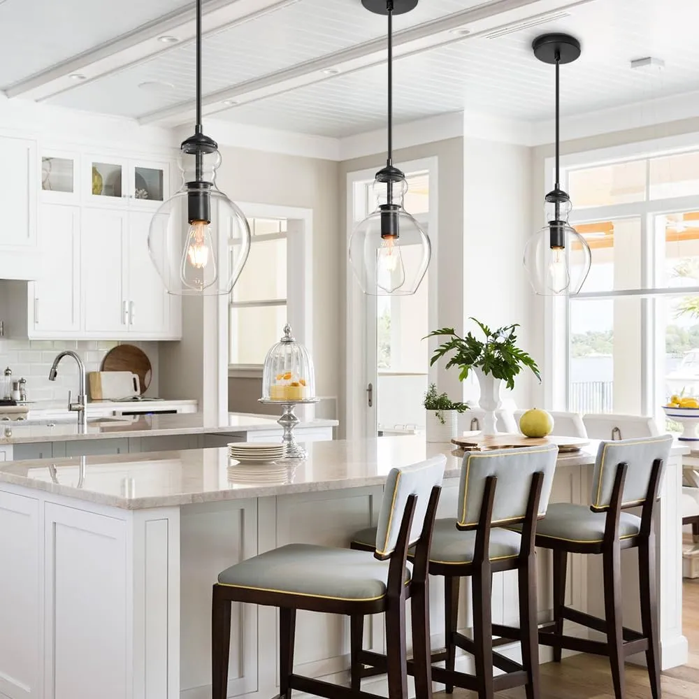 Modern Glass Pendant Lighting for Kitchen Island Kitchen Sink, Farmhouse Black Pendant Light Fixtures 7 Inch 1 Pack, Adjustable Hanging Ceiling Light Clear Glass Shades