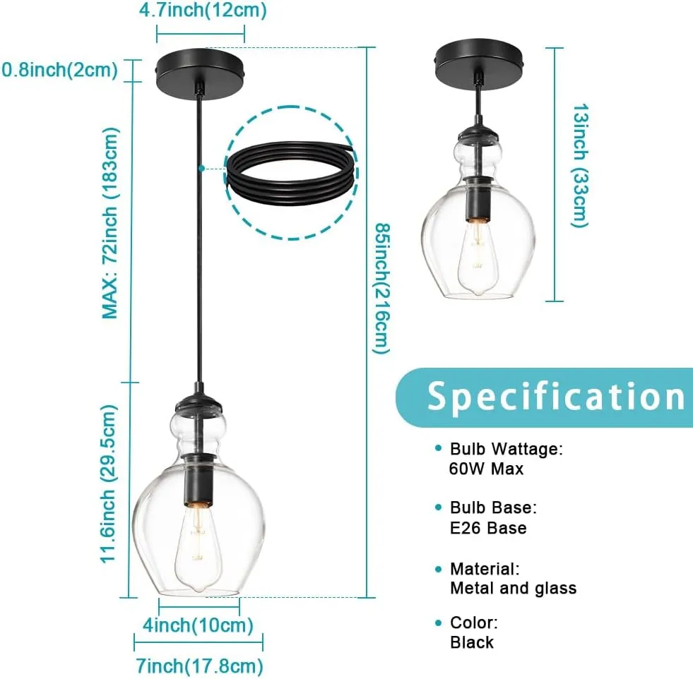 Modern Glass Pendant Lighting for Kitchen Island Kitchen Sink, Farmhouse Black Pendant Light Fixtures 7 Inch 1 Pack, Adjustable Hanging Ceiling Light Clear Glass Shades