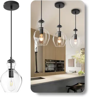 Modern Glass Pendant Lighting for Kitchen Island Kitchen Sink, Farmhouse Black Pendant Light Fixtures 7 Inch 1 Pack, Adjustable Hanging Ceiling Light Clear Glass Shades