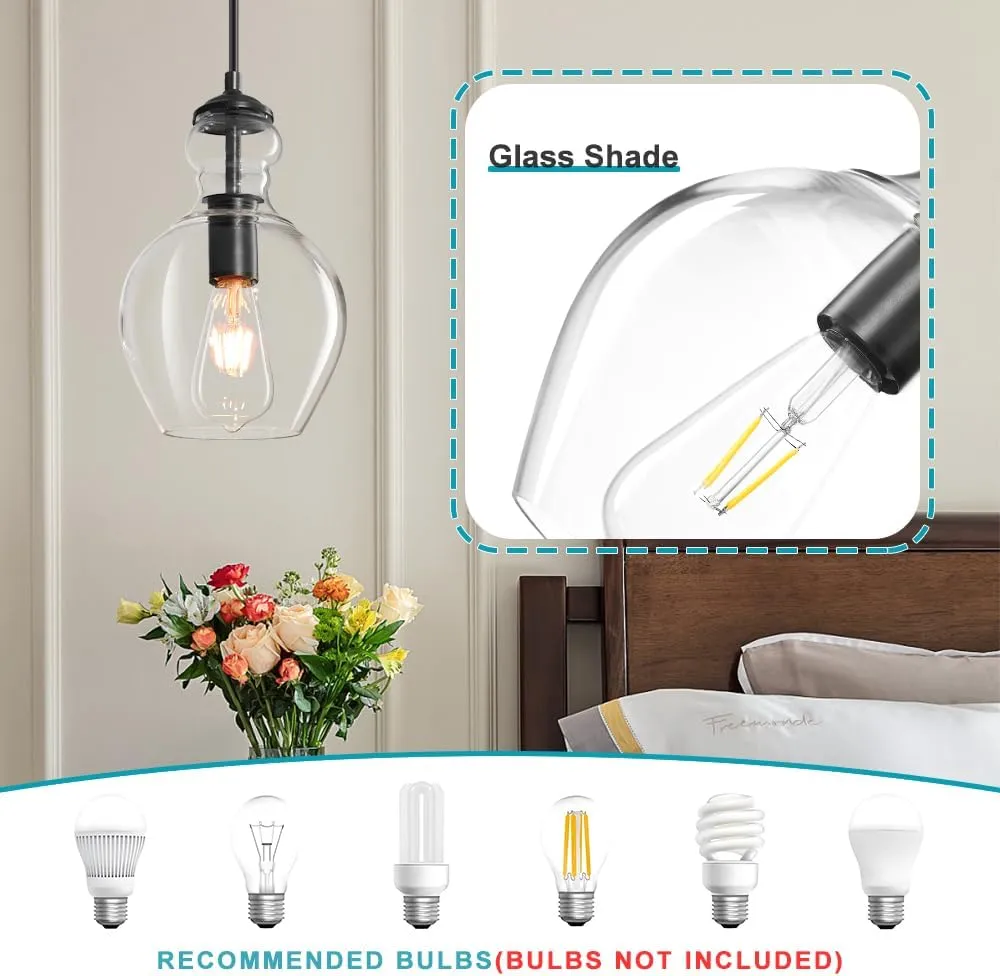 Modern Glass Pendant Lighting for Kitchen Island Kitchen Sink, Farmhouse Black Pendant Light Fixtures 7 Inch 1 Pack, Adjustable Hanging Ceiling Light Clear Glass Shades