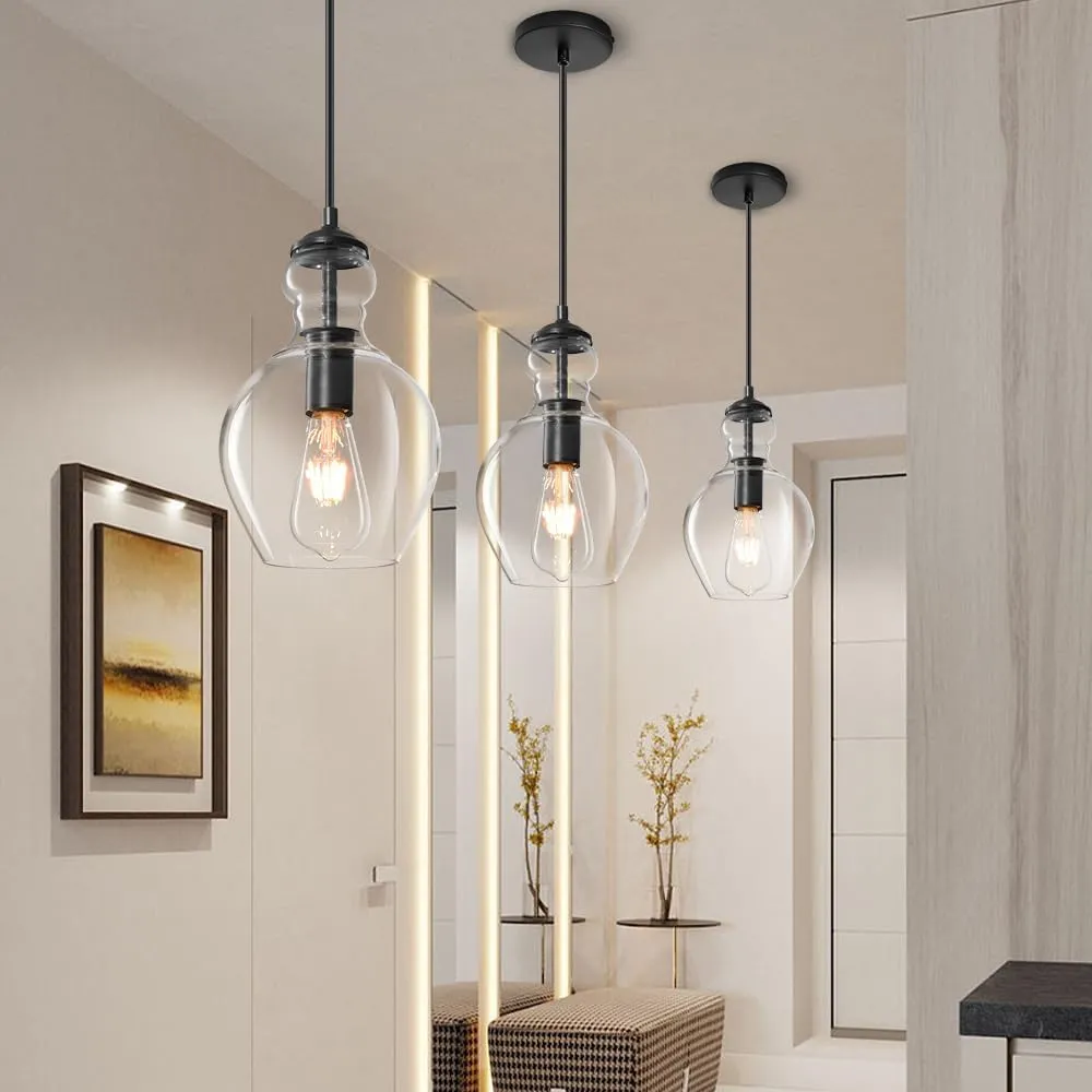 Modern Glass Pendant Lighting for Kitchen Island Kitchen Sink, Farmhouse Black Pendant Light Fixtures 7 Inch 1 Pack, Adjustable Hanging Ceiling Light Clear Glass Shades