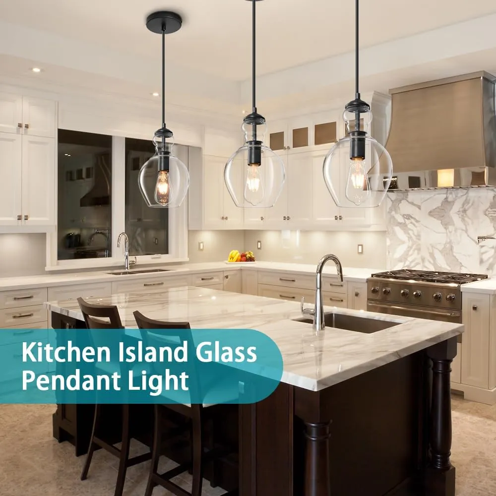 Modern Glass Pendant Lighting for Kitchen Island Kitchen Sink, Farmhouse Black Pendant Light Fixtures 7 Inch 1 Pack, Adjustable Hanging Ceiling Light Clear Glass Shades