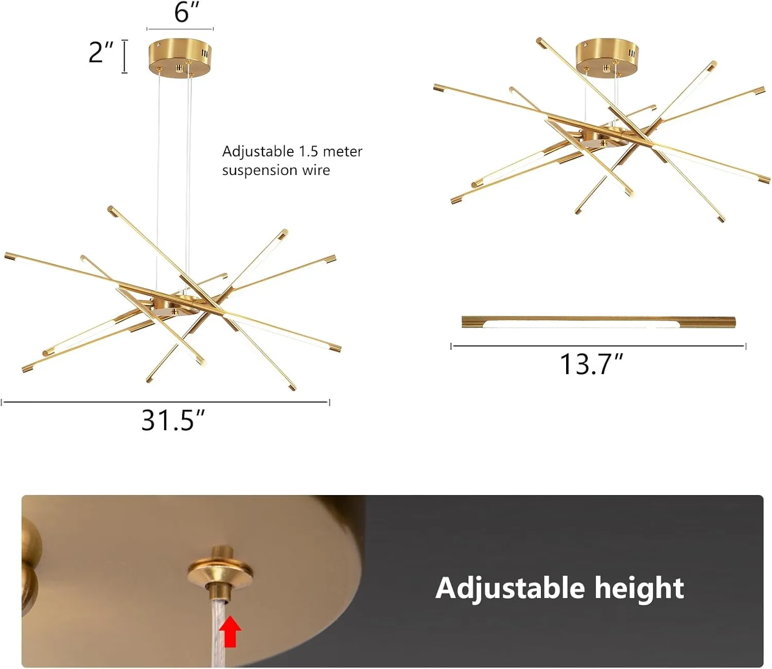 Modern Gold Chandelier,12 Lights Linear Pendant Light Fixtures LED Chandeliers for Dining Room Farmhouse Hanging Light for Bedroom,Living Room,Kitchen Island