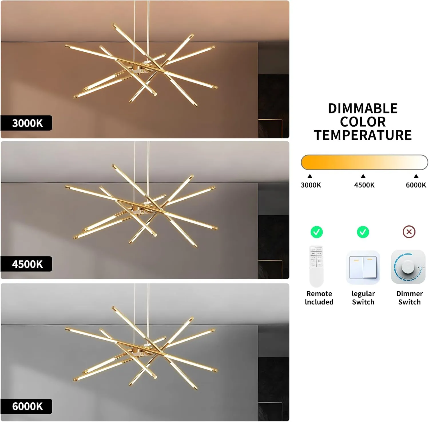 Modern Gold Chandelier,12 Lights Linear Pendant Light Fixtures LED Chandeliers for Dining Room Farmhouse Hanging Light for Bedroom,Living Room,Kitchen Island